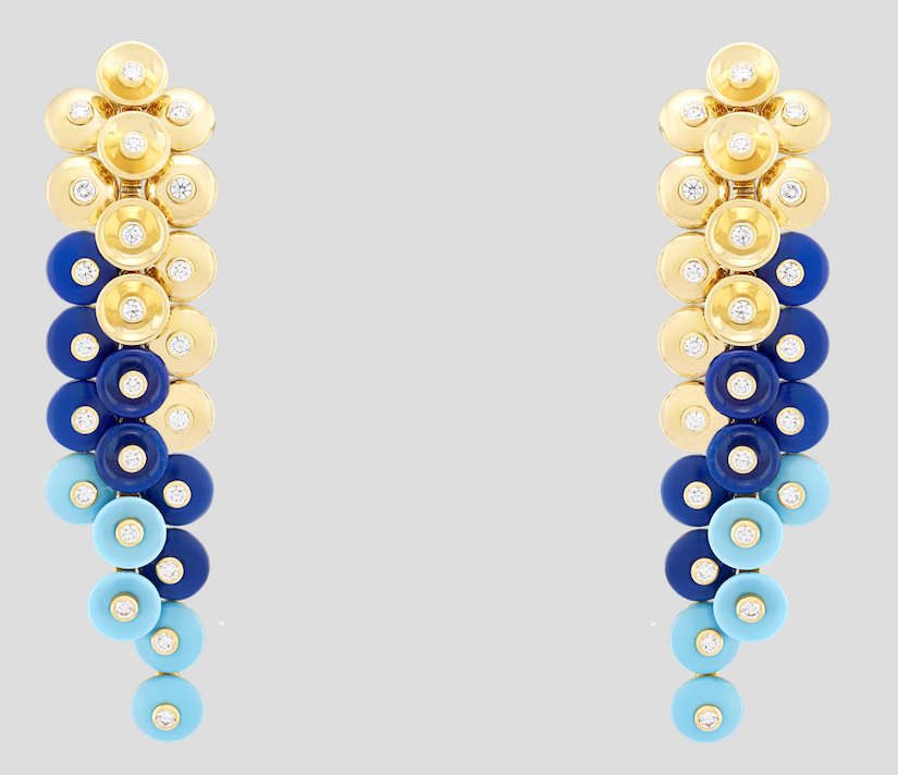 Bouton d'or earrings set with a vibrant combination of mother-of-pearl, lapis lazuli and turquoise by Van Cleef & Arpels