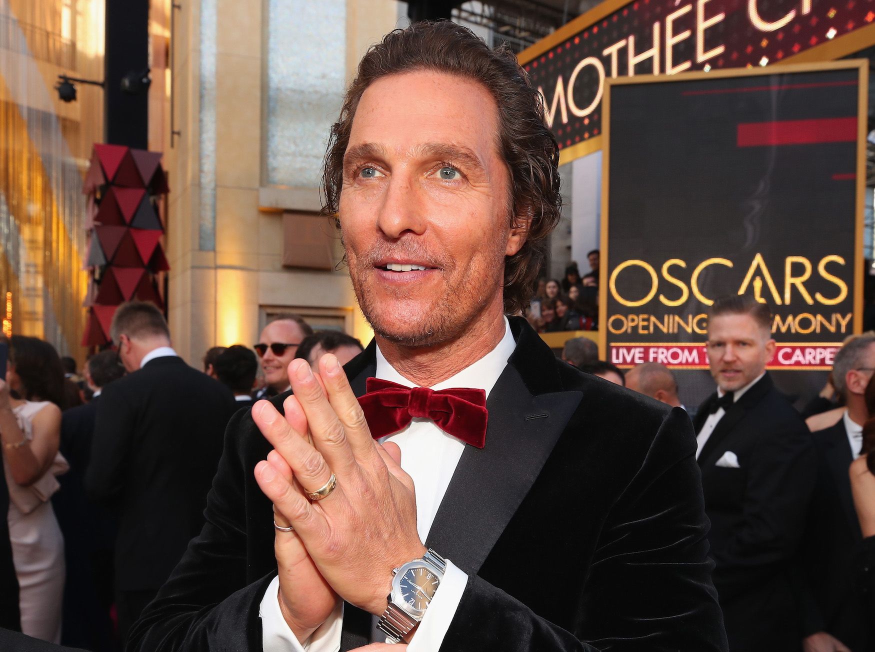 Matthew McConaughey wore the Bulgari Octo Roma watch in 41mm steel case with a black polished lacquered dial with hand-applied indices. (Photo: Courtesy of Bulgari)