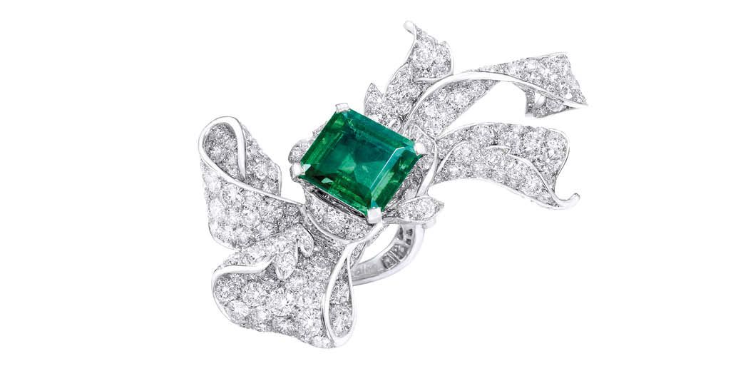 ANNA HU Pétales d’Amour ring in white gold set with a 5.4-carat emerald and diamonds. Available at <a href="http://www.anna-hu.com/site/">Anna Hu</a>