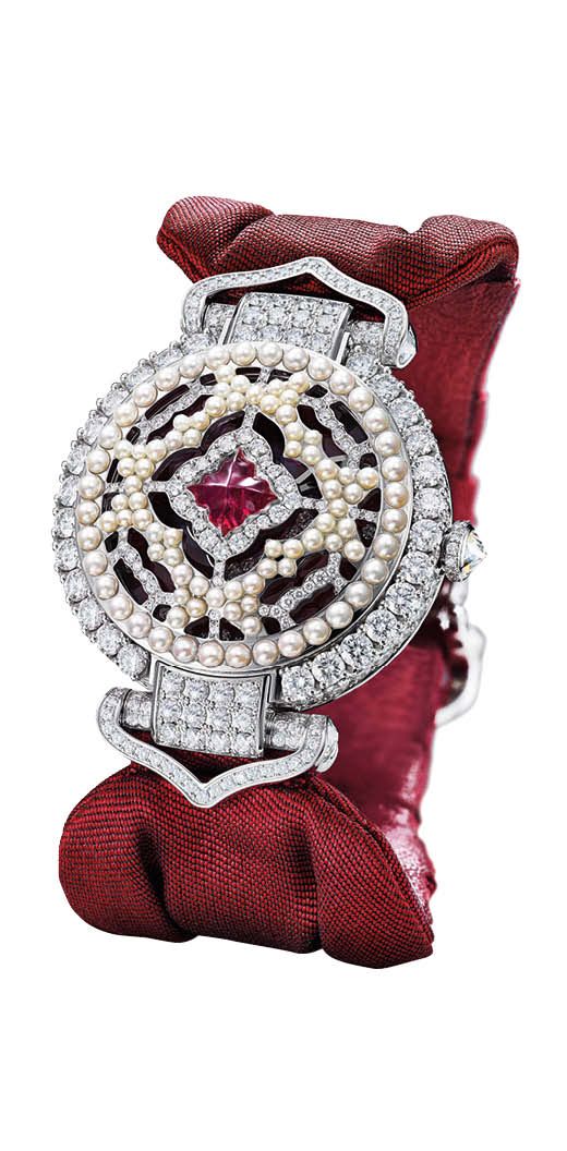 CHOPARD Imperiale Empress watch with pearls, diamonds and a 398.72-carat red spinel. Available at <a href="https://www.chopard.com/intl/storelocator/show/chopard-boutique-hong-kong-1740">Chopard</a>