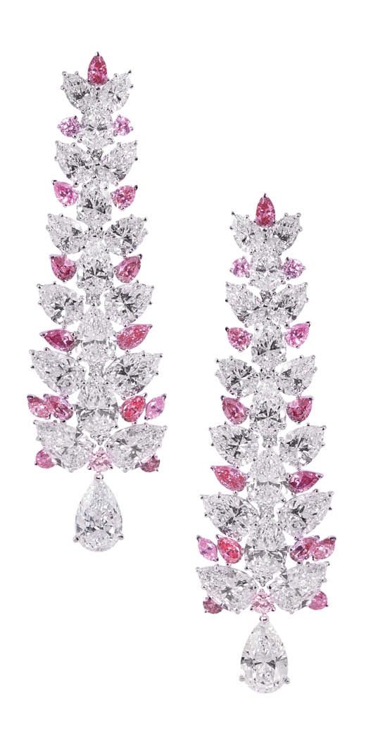 Moussaieff Chandelier earrings in platinum set with pink and white diamonds. Available at <a href="http://www.moussaieff-jewellers.com/location/boutiques/"> Moussaieff</a>