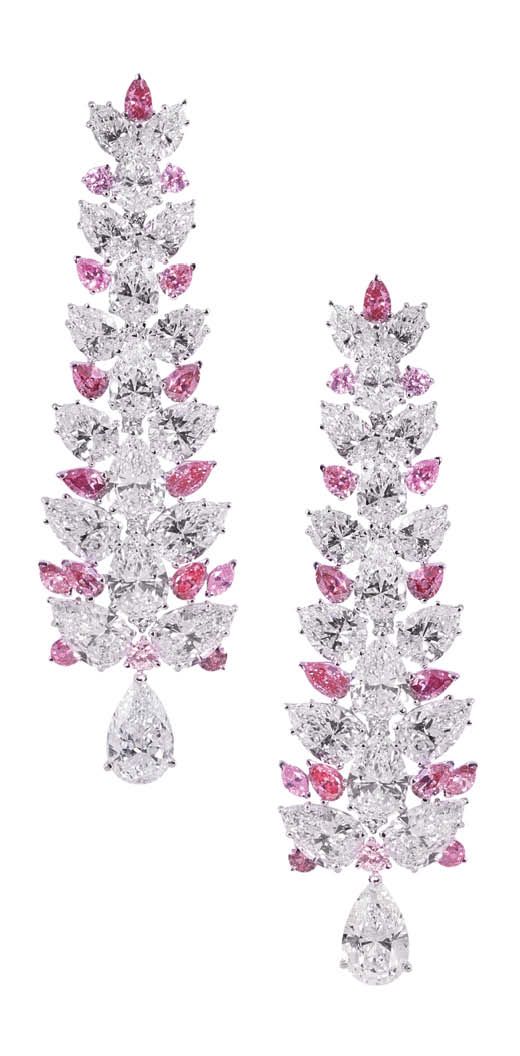 Moussaieff  Chandelier earrings in platinum set with pink and white diamonds. Available at <a href="http://www.moussaieff-jewellers.com/location/boutiques/"> Moussaieff</a>