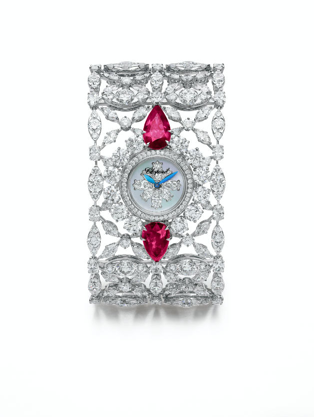 Red Carpet watch in 18K white gold set with two pear-shaped rubies by Chopard