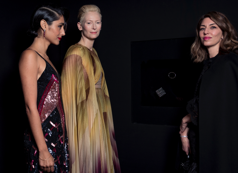 Celebrities Golshifteh Farahani (right), Tilda Swinton (centre) and Sofia Coppola wearing Les Galaxies de Cartier