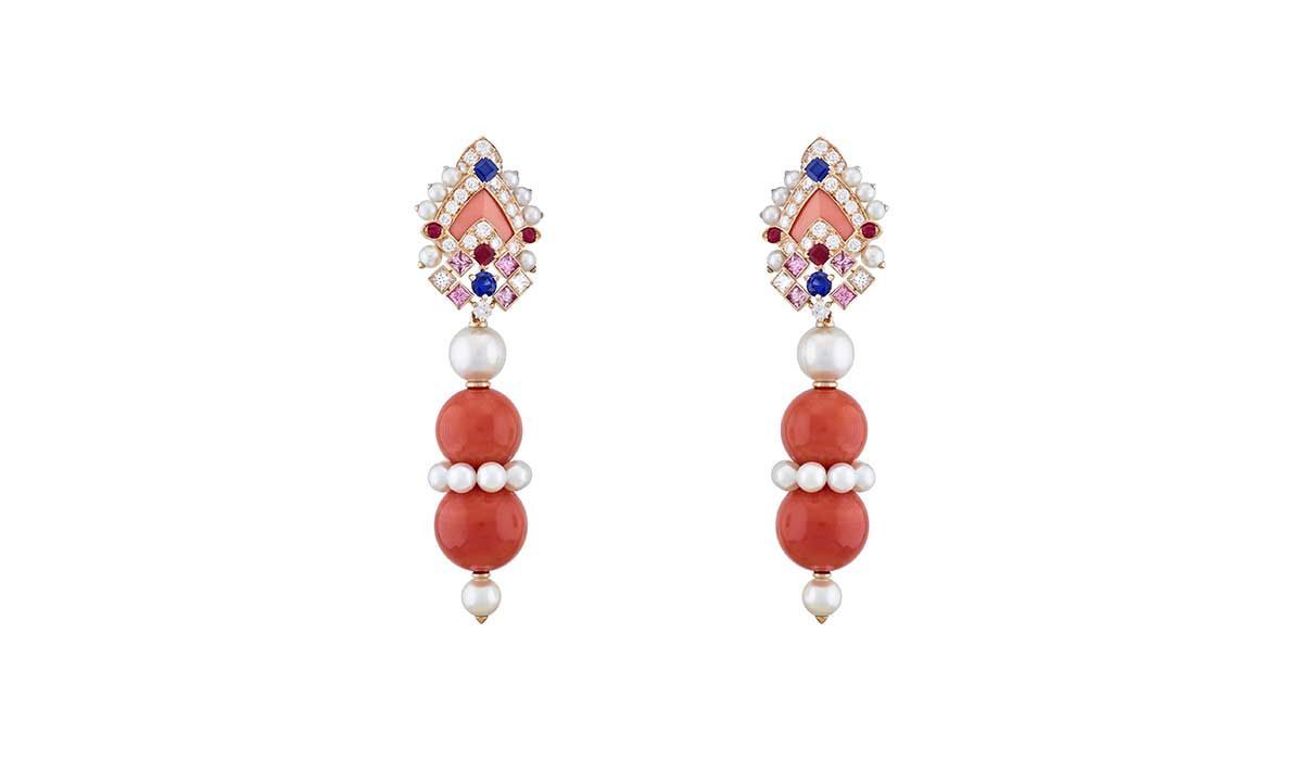 Serapi earrings by Van Cleef & Arpels in pink gold set with rubies, blue and pink sapphires, diamonds, white cultured pearls and coral