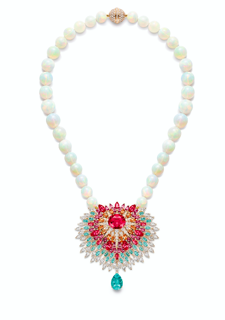 Piaget's Sunlight Escape necklace in pink gold set with red and pink spinels, Paraiba tourmalines, spessartite garnets, pink sapphires, white opal beads and diamonds