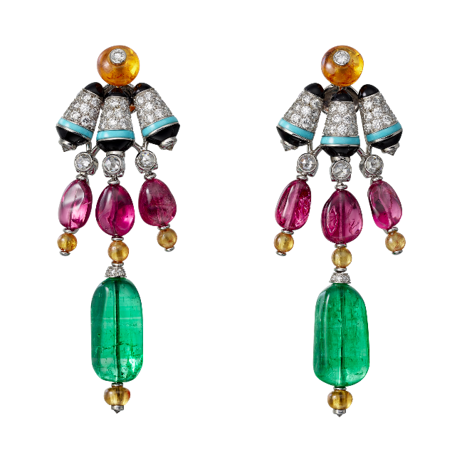 Chromaphonia earrings by Cartier in white gold set with spinel and mandarin garnet beads, turquoise, onyx and diamonds