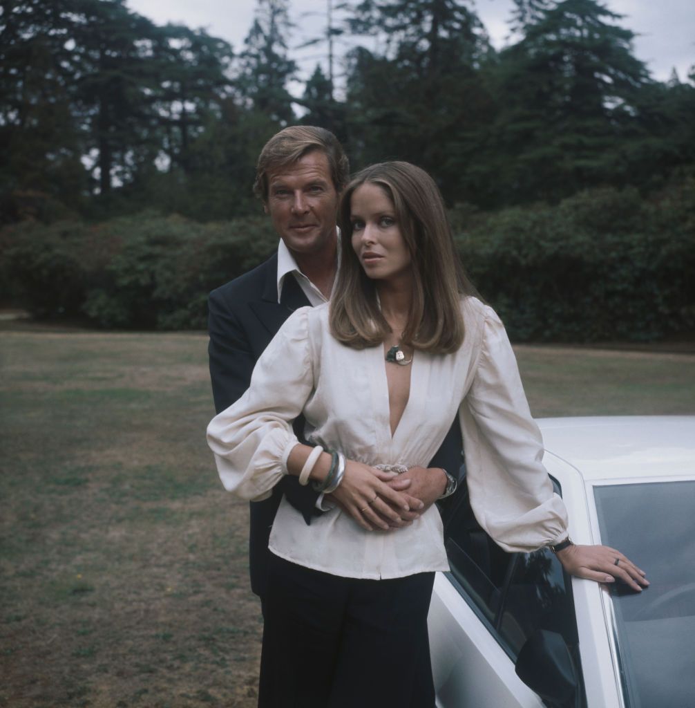 Actors Barbara Bach and Roger Moore, stars of the James Bond film 'The Spy Who Loved Me', at Pinewood, UK, 1977. (Photo by Hulton Archive/Getty Images)