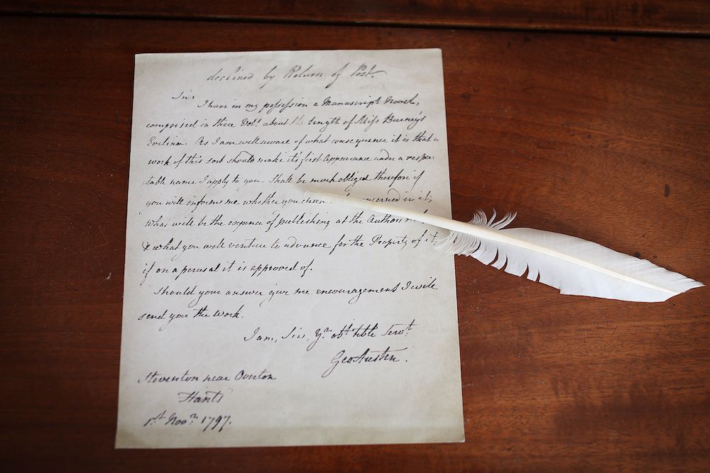 A facsimile of a letter to a Mr Cadill (presumed publisher) from Jane Austen's father offering Pride and Predjudice, which was declined by return, at the former home of the celebrated late British author Jane Austen on July 18, 2017 in Chawton, England. (photo: Getty Images)
