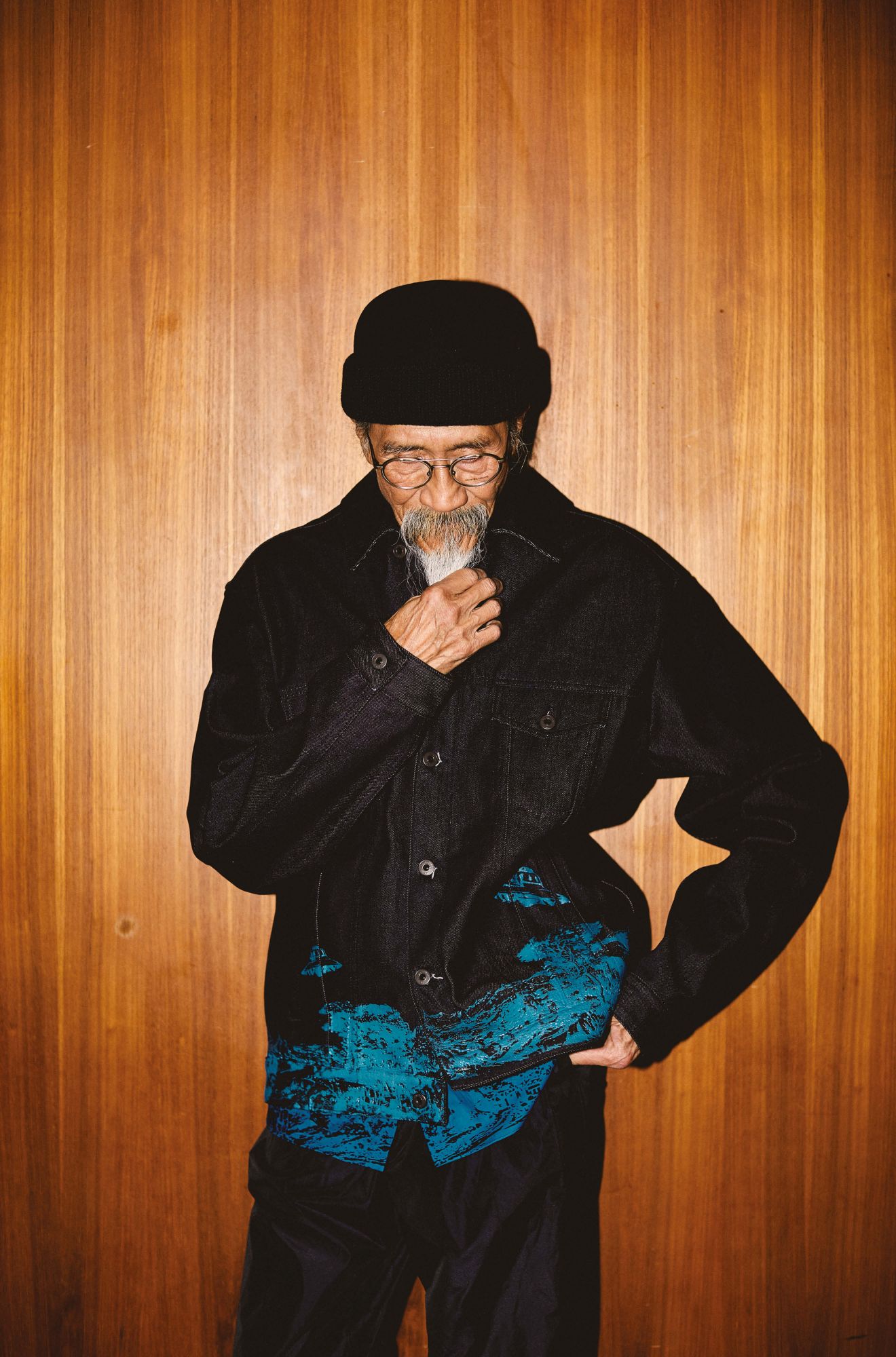 Jacket and trousers by Valentino; beanie by Emporio Armani; glasses by Oliver Peoples