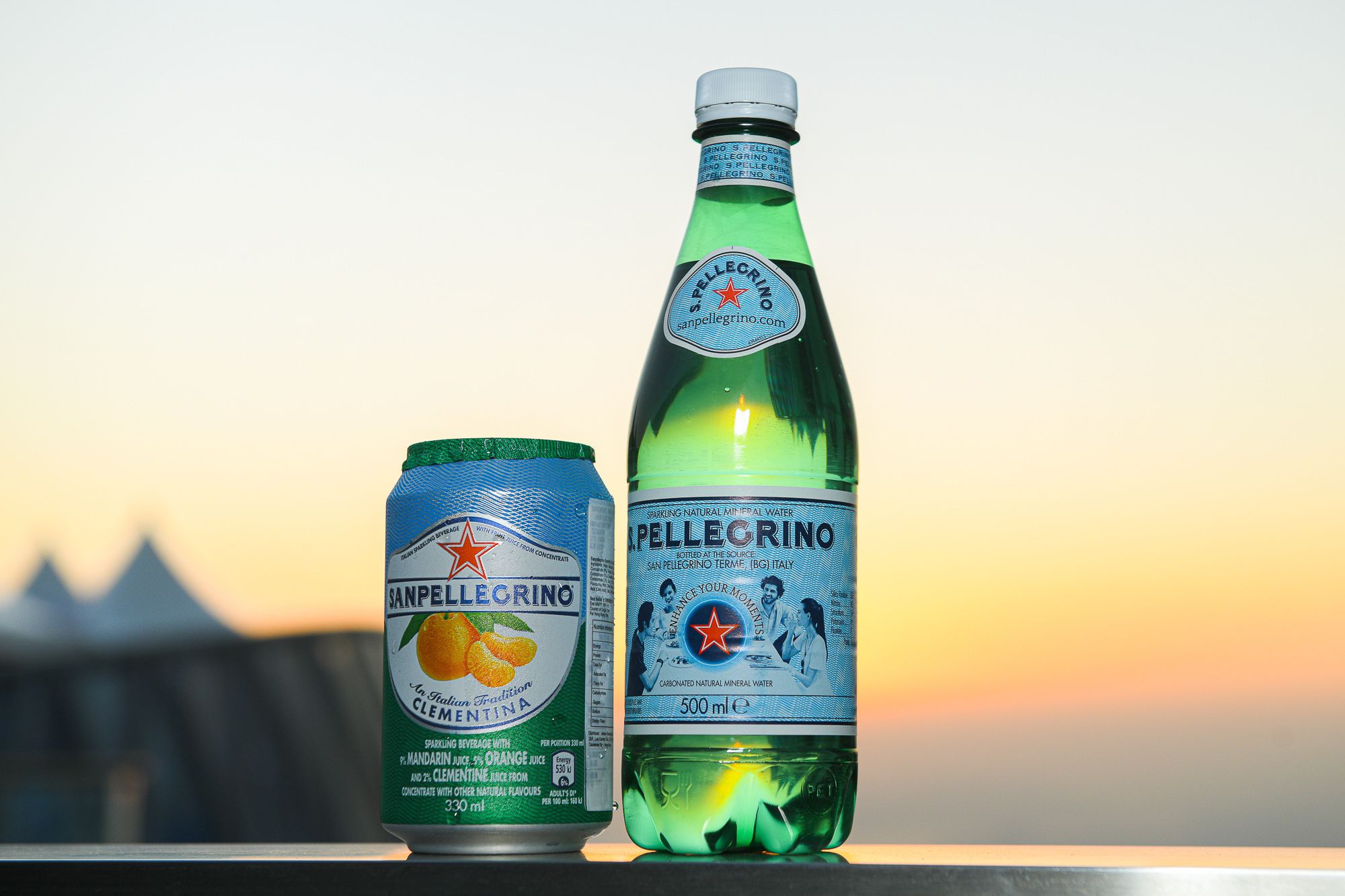 Sanpellegrino sparkling fruit drinks and water were served