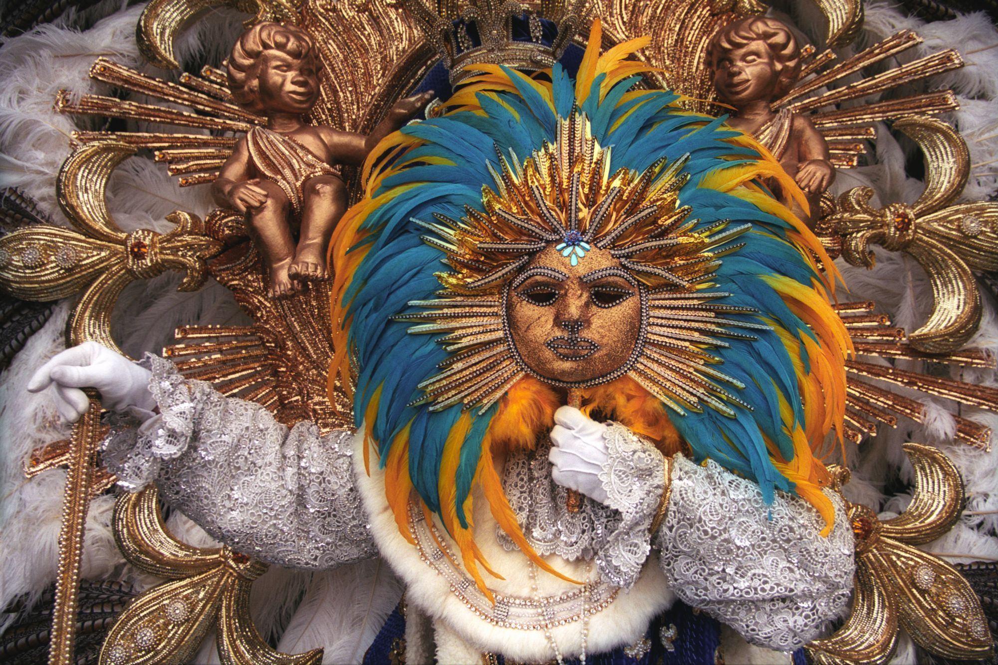 A beautiful mask of "Le Roi Soleil", the french king Louis XIV represented in the brazilian carnival of Rio de Janeiro.