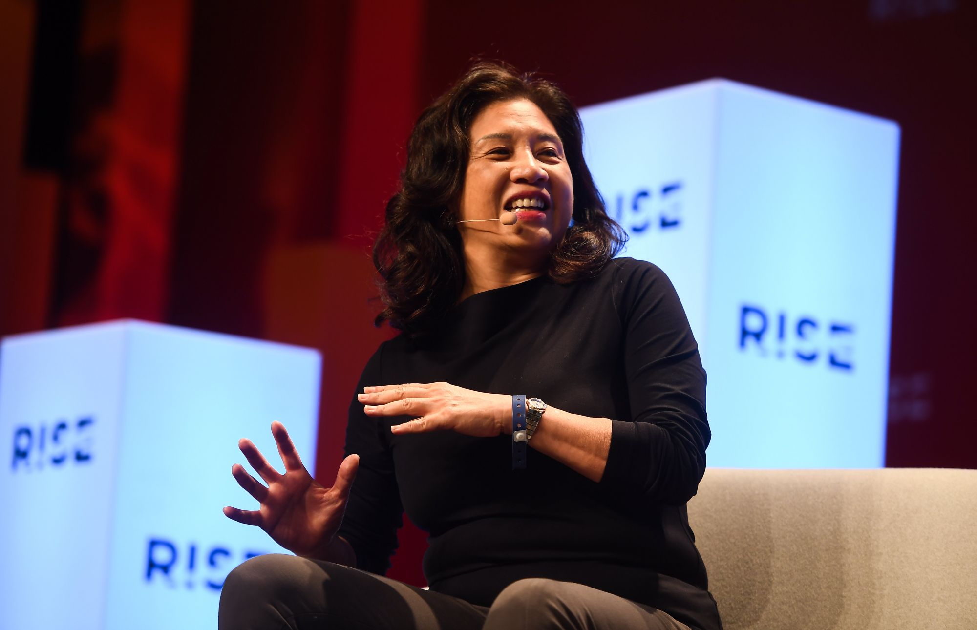 HONG KONG , Hong Kong - 9 July 2019; Marjorie Yang, Chairman, Esquel Group, on Centre Stage during day one of RISE 2019 at the Hong Kong Convention and Exhibition Centre in Hong Kong. (Photo By David Fitzgerald/Sportsfile via Getty Images)