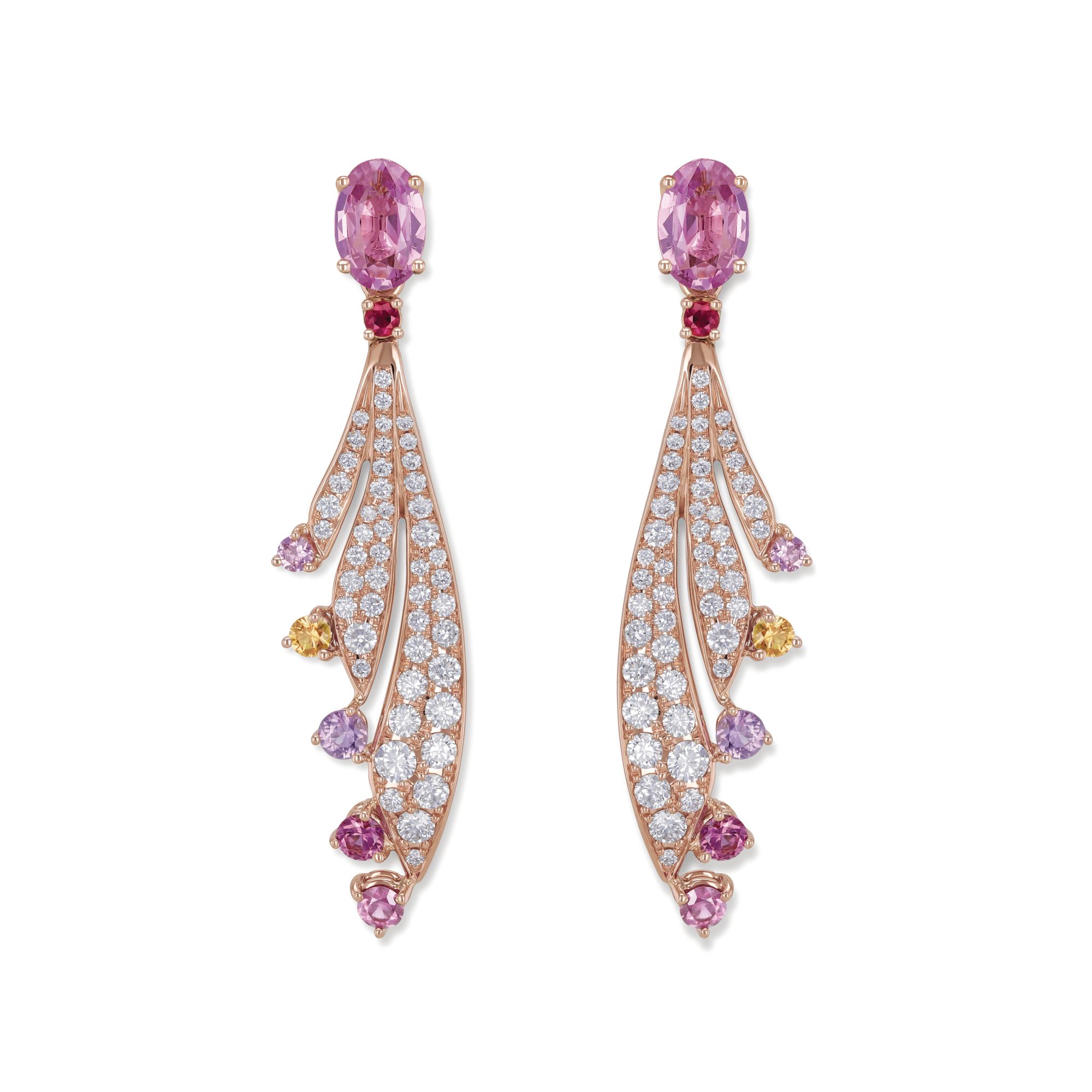 Splendid Feather earrings in red gold set with Padparadscha sapphires and diamonds by Gübelin Jewellery