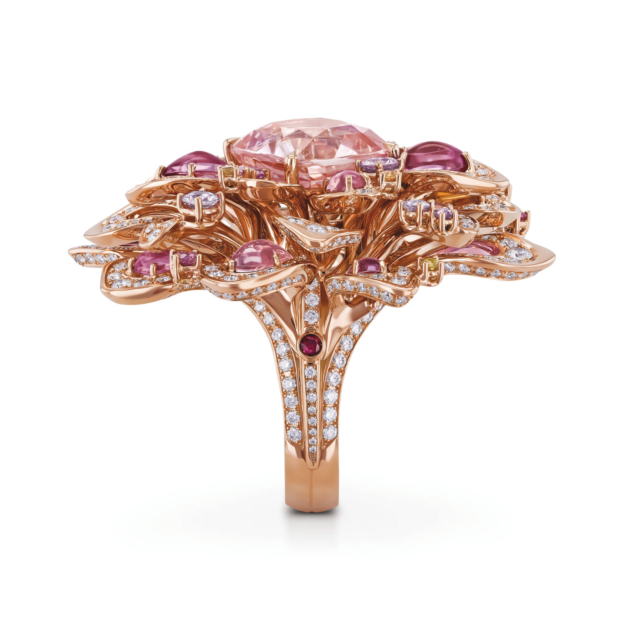 Rising Lotus ring in red gold set with a Padparadscha sapphire, fancy-coloured sapphires and diamonds by Gübelin Jewellery