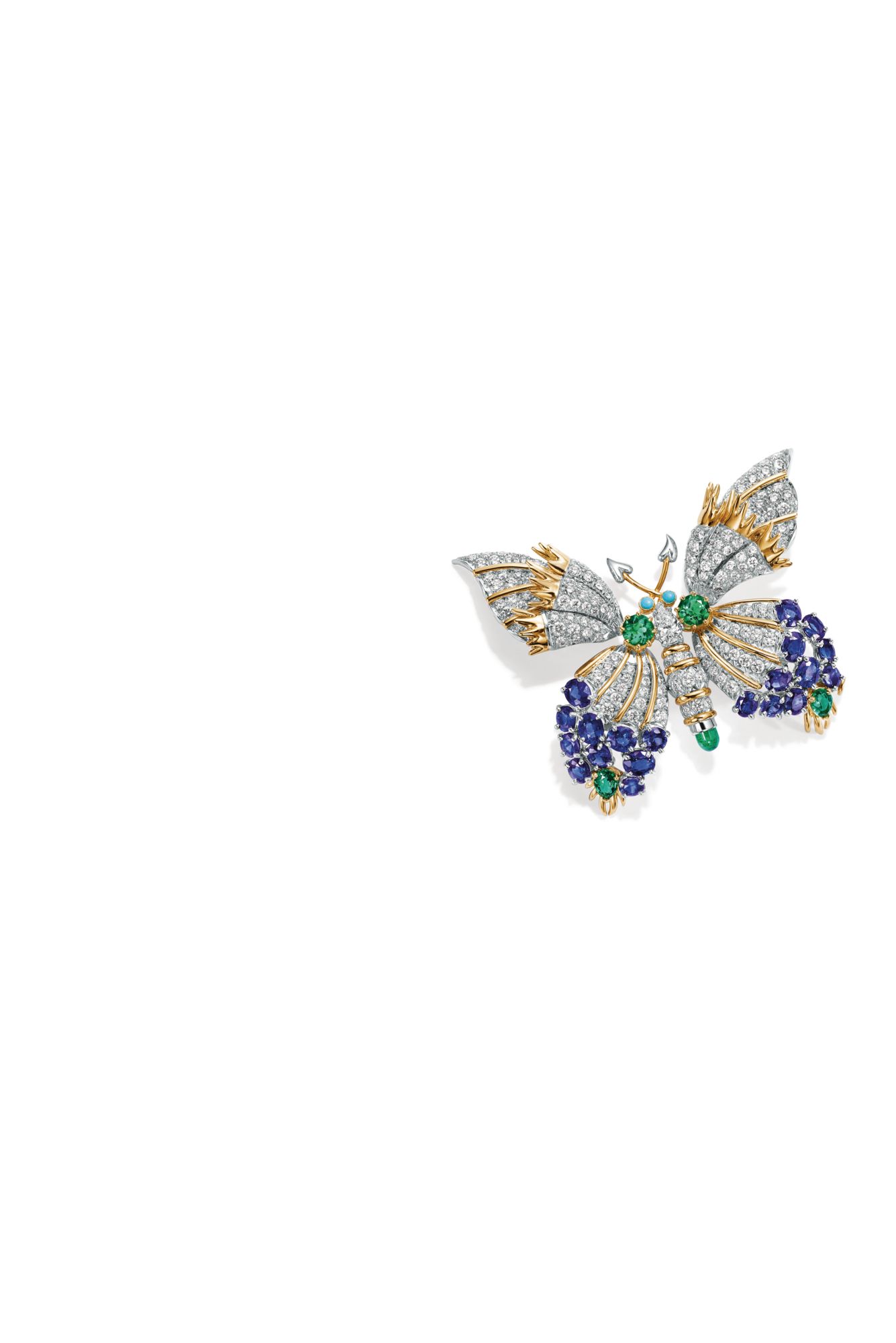 Schlumberger Butterfly brooch in yellow gold and platinum set with sapphires, emeralds, turquoise and diamonds by Tiffany & Co