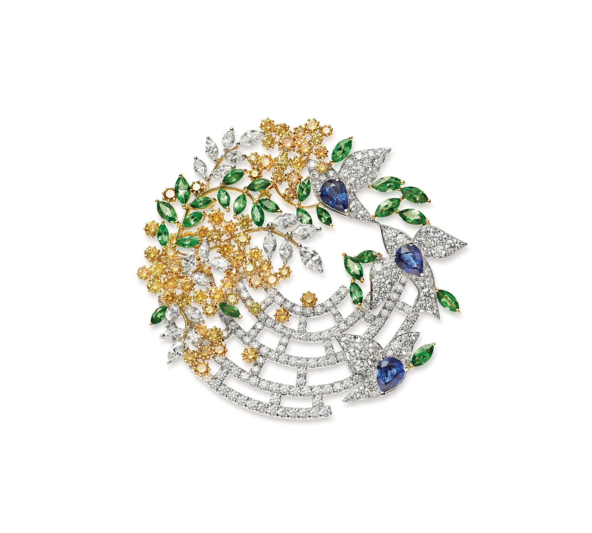 Jardin Mystérieux brooch in white and yellow gold set with sapphires, garnets and diamonds by Mikimoto