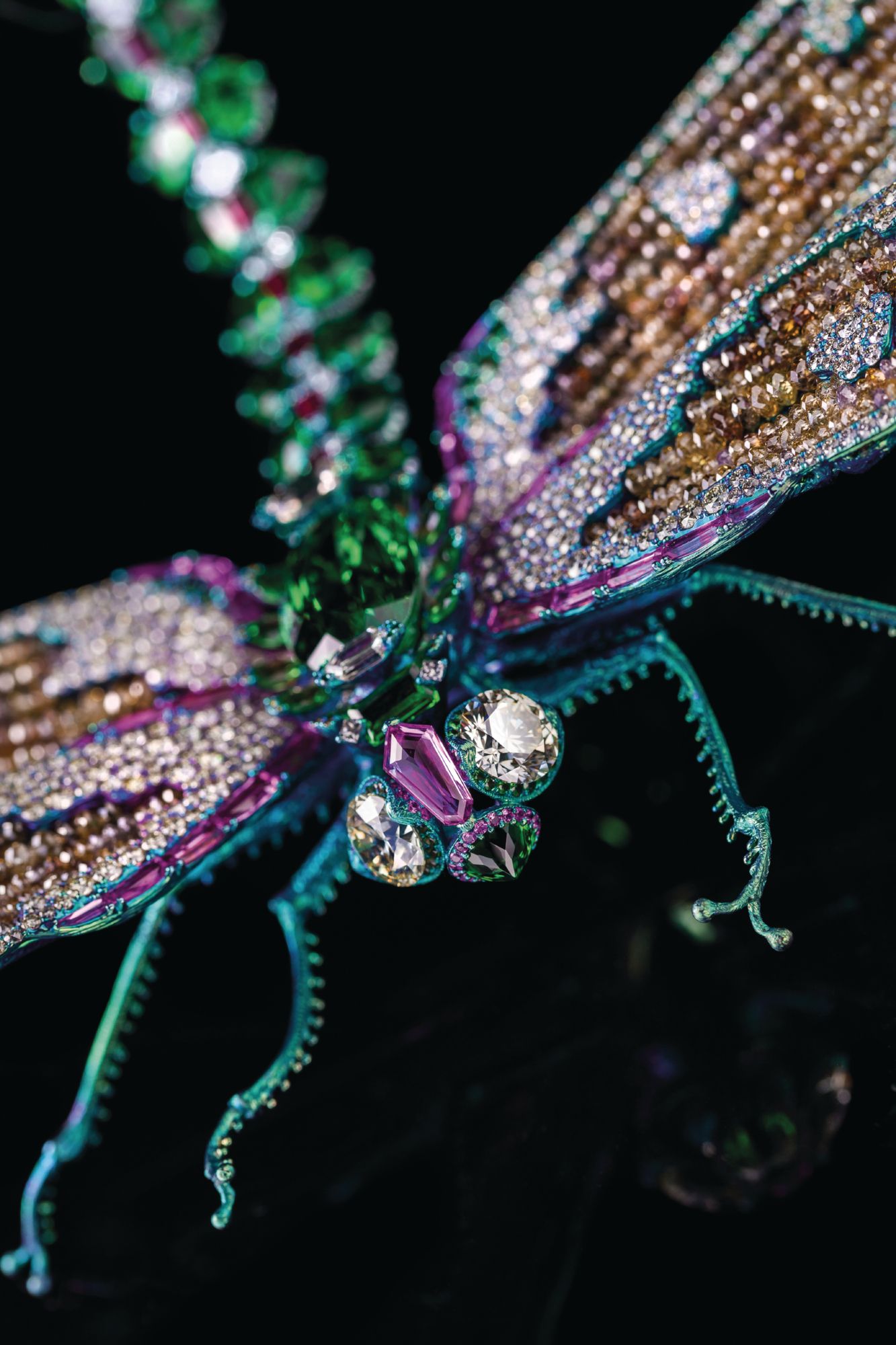 Soaring Spirit brooch in titanium set with tsavorite garnets, sapphires, rubies and diamonds by Wallace Chan