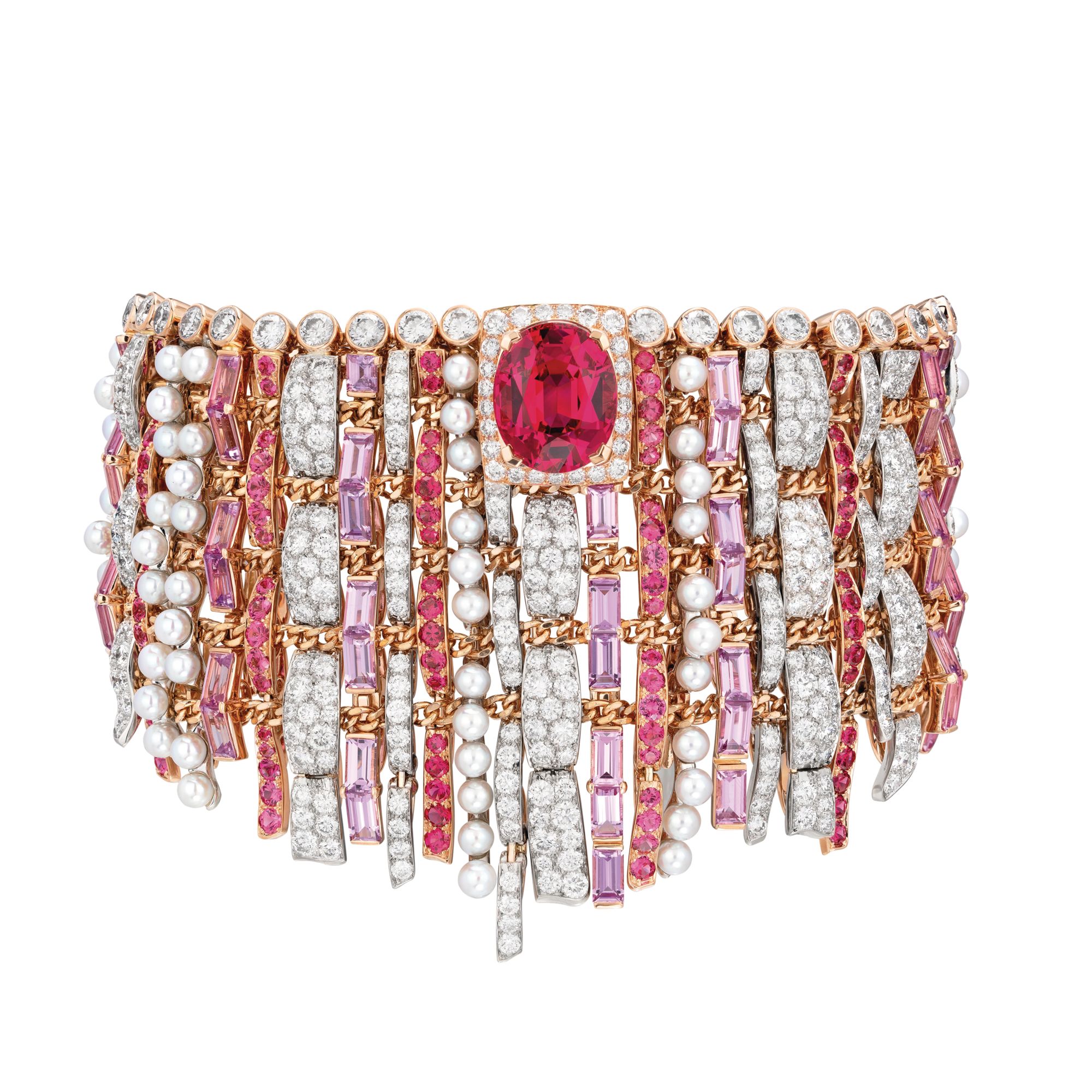 Tweed Couture bracelet in pink gold and platinum set with sapphires, spinels and diamonds by Chanel