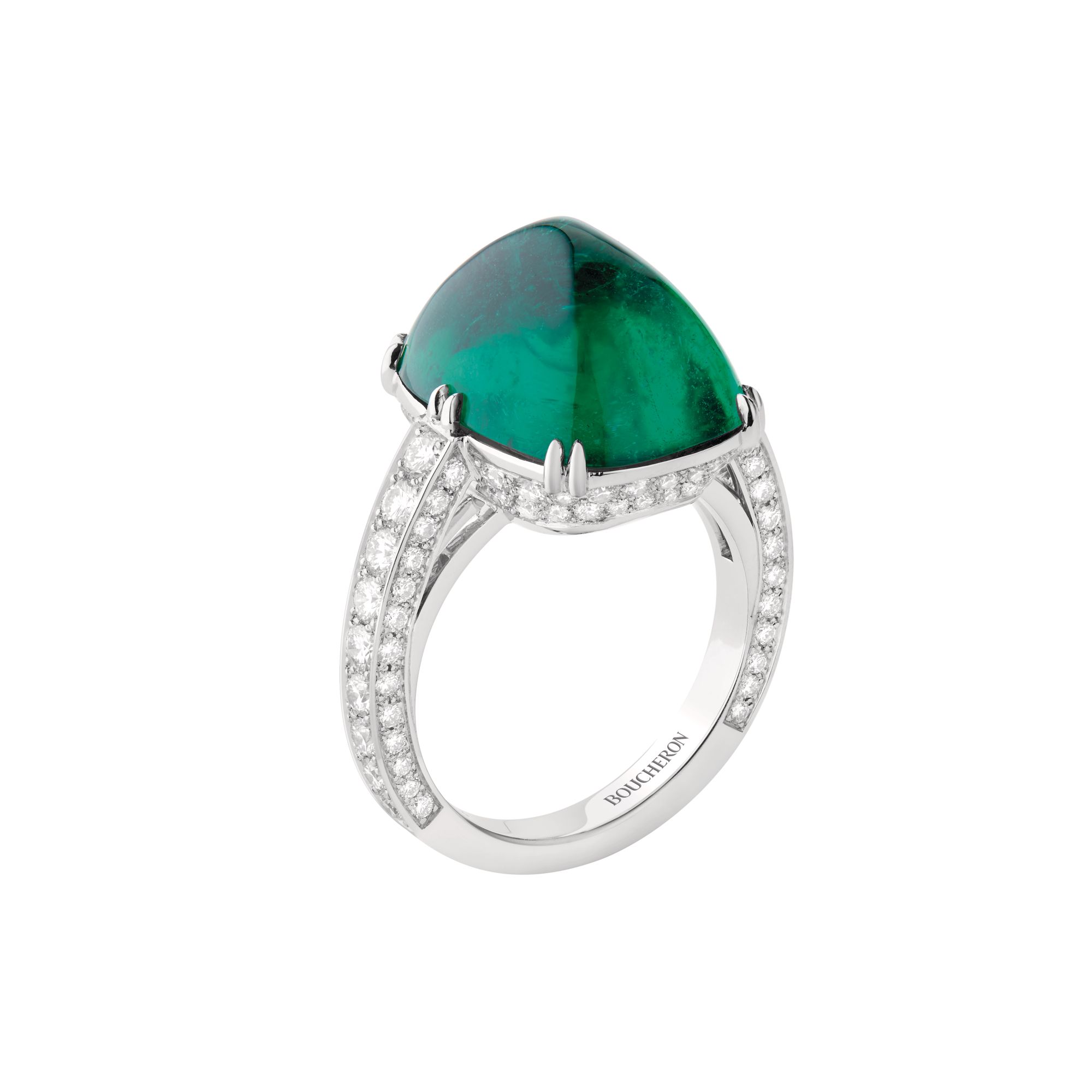 Joy ring in platinum set with an emerald and diamonds by Boucheron