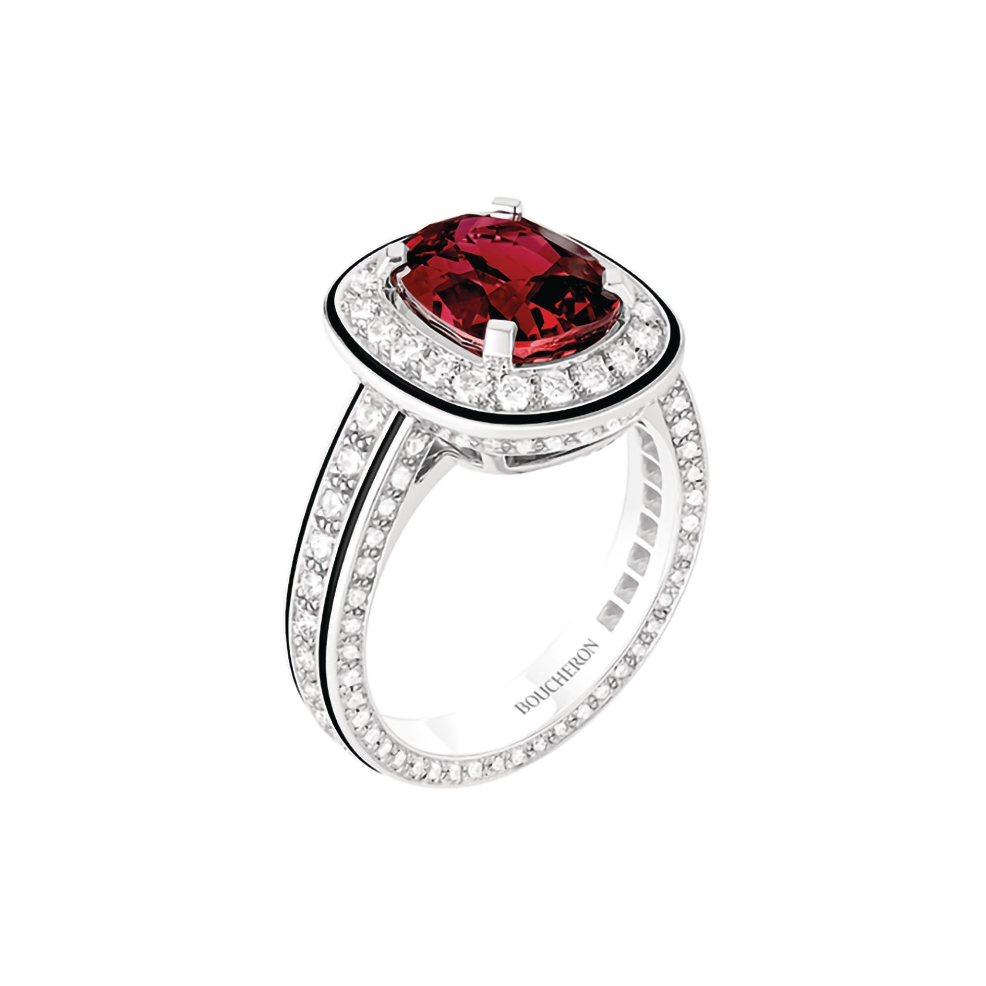 Vendôme Liseré ring in white gold set with a ruby, black lacquer and diamonds by Boucheron