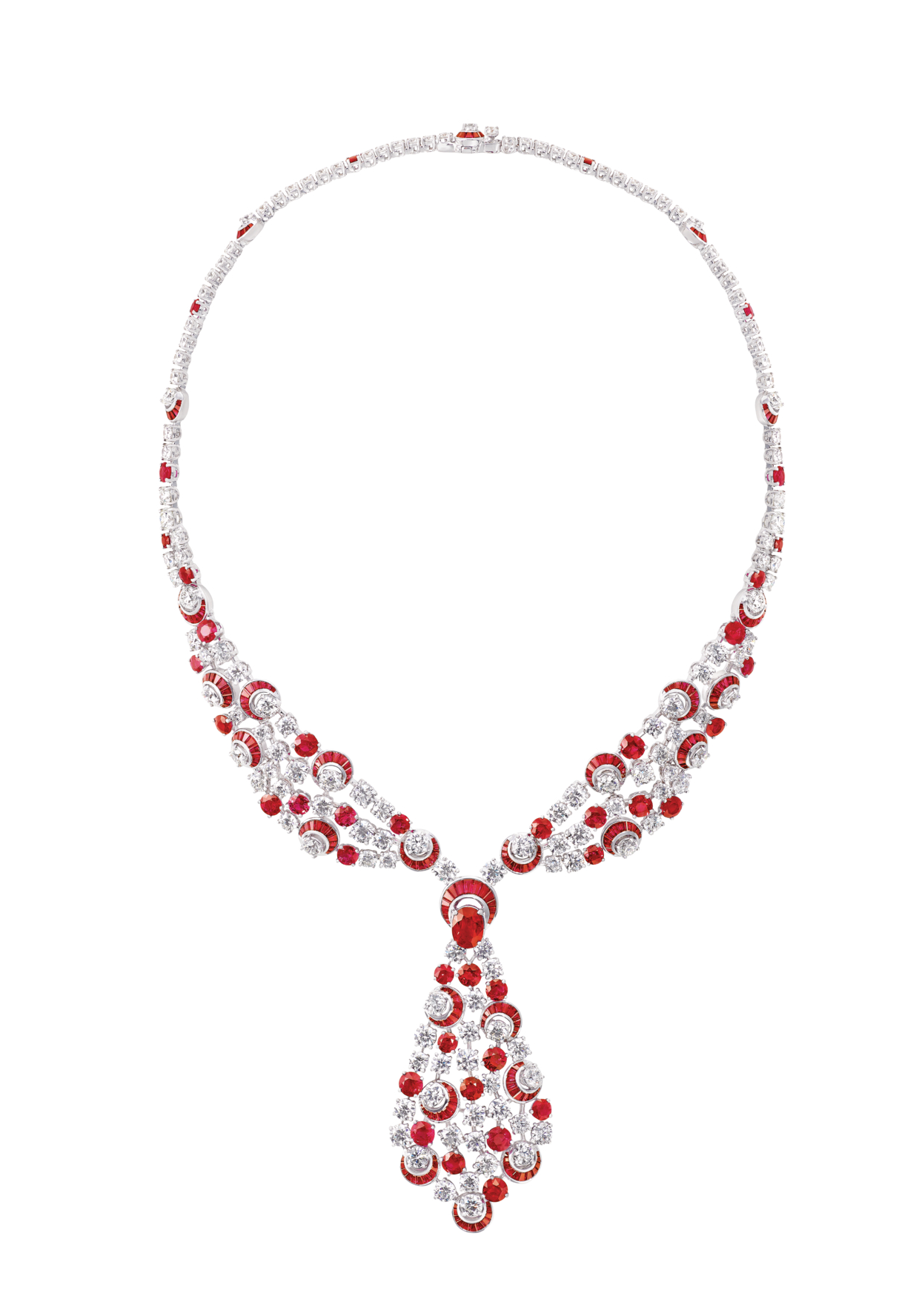 Multishape necklace in white gold set with rubies and diamonds by Graff