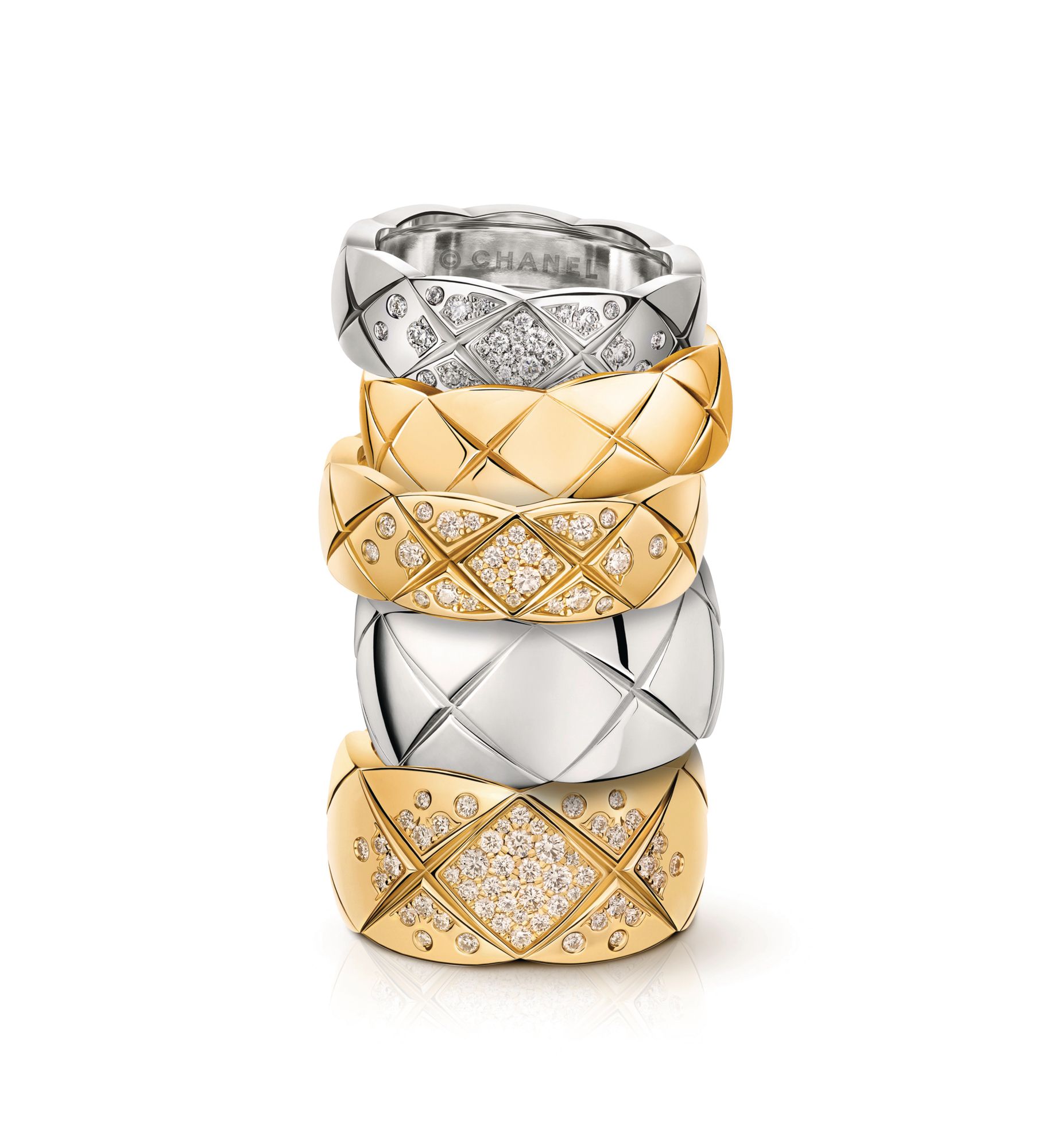 Coco Crush rings in yellow and white gold set with and without diamonds by Chanel