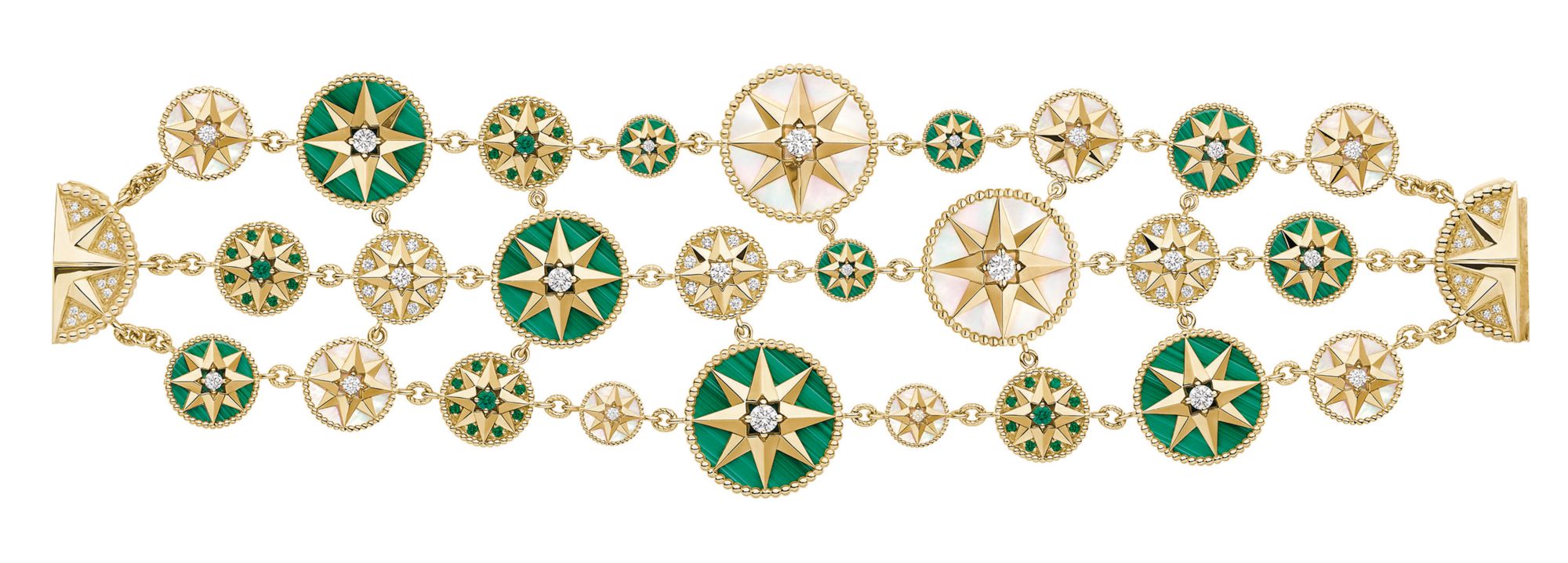 Rose des Vents Masterpiece bracelet in yellow gold set with emeralds, mother of pearl and malachite by Dior Joaillerie
