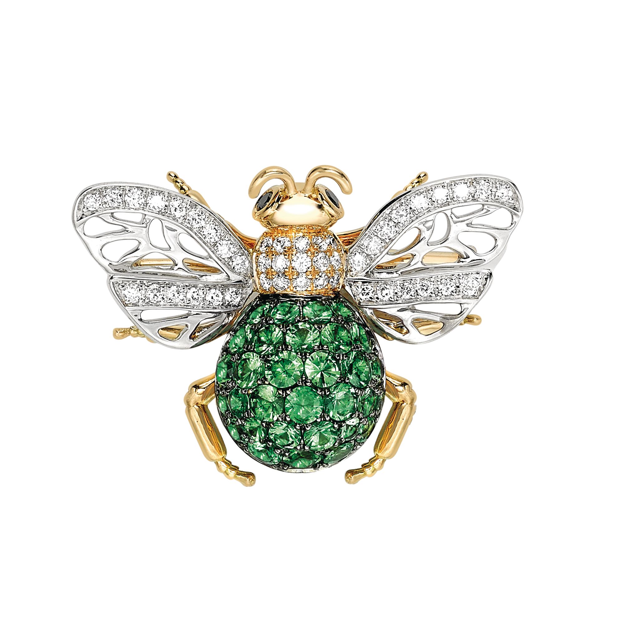 Bee brooch in yellow gold set with tsavorites and diamonds by Theo Fennell