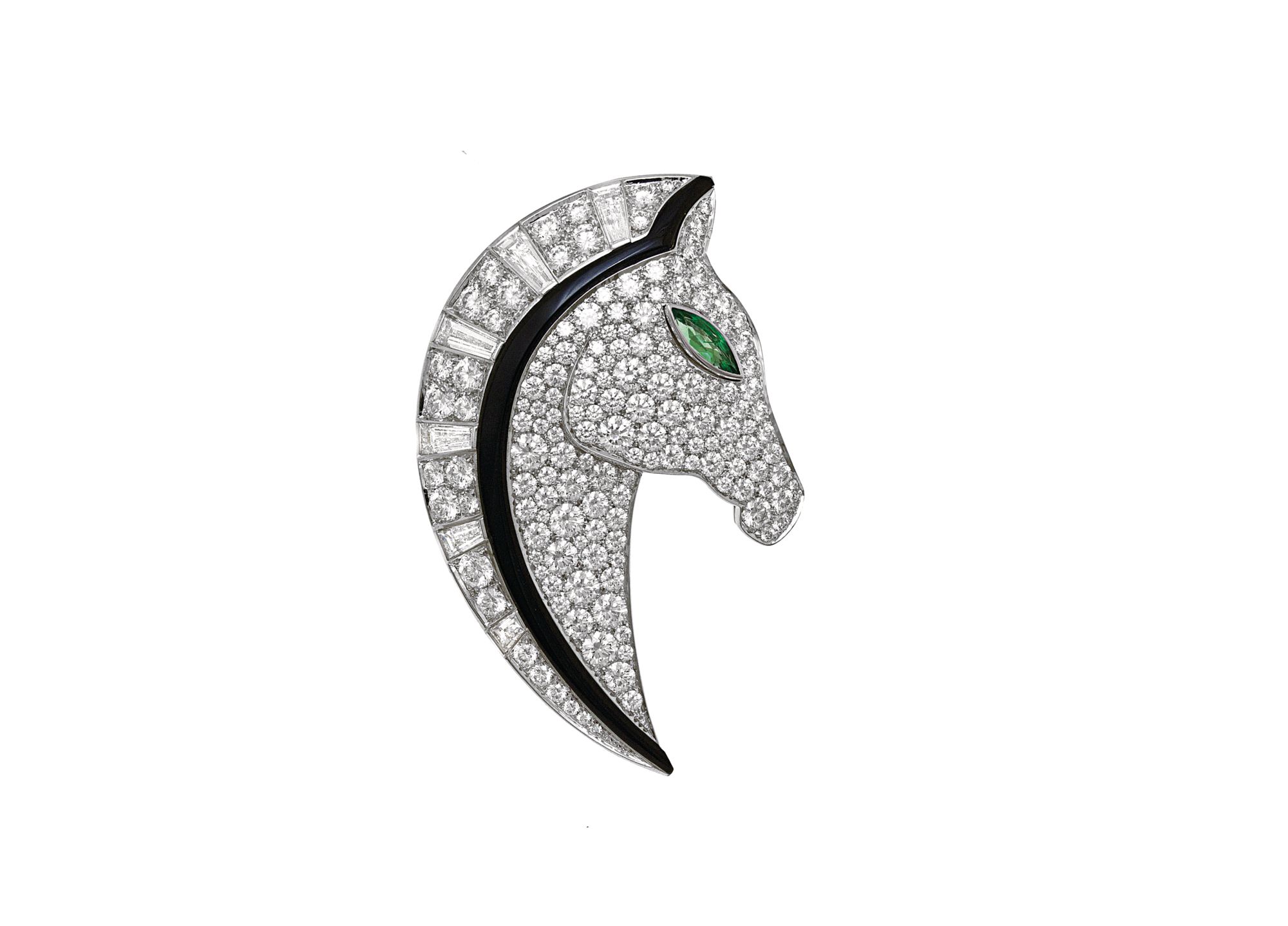 Palio di Siena Cavallo brooch in white gold set with an emerald, onyx and diamonds by Bulgari