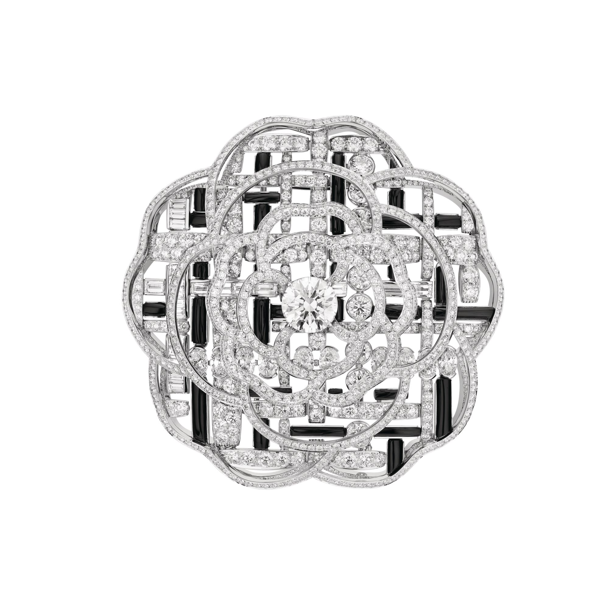 Tweed Graphique brooch in white gold set with onyx and diamonds by Chanel