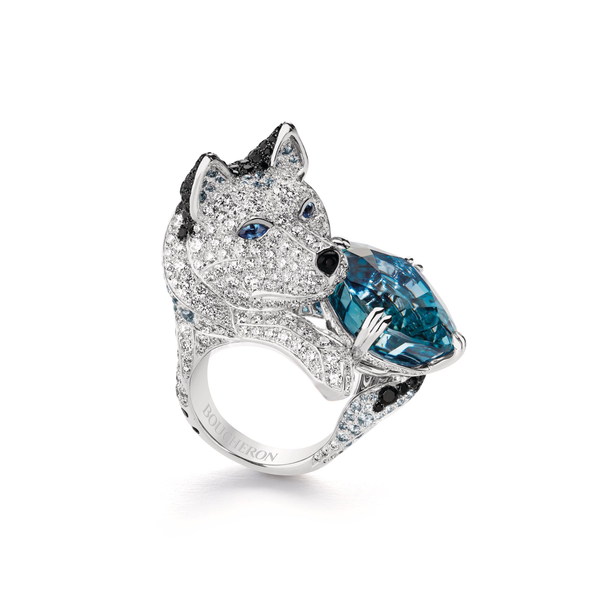 Boucheron Laïka the Husky ring in white gold set with sapphires, grey spinels and diamonds