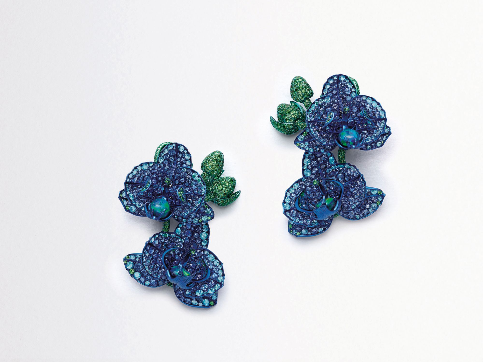 Chopard orchid earring in titanium set with opals, sapphires, tsavorites and tourmalines