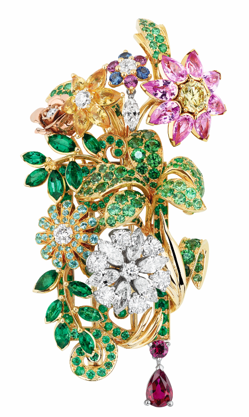 Dior à Versailles, Côté Jardins brooch in yellow, white and pink gold set with tsavorite garnets, coloured sapphires, emeralds, rubies, tourmalines and diamonds by Dior Joaillerie