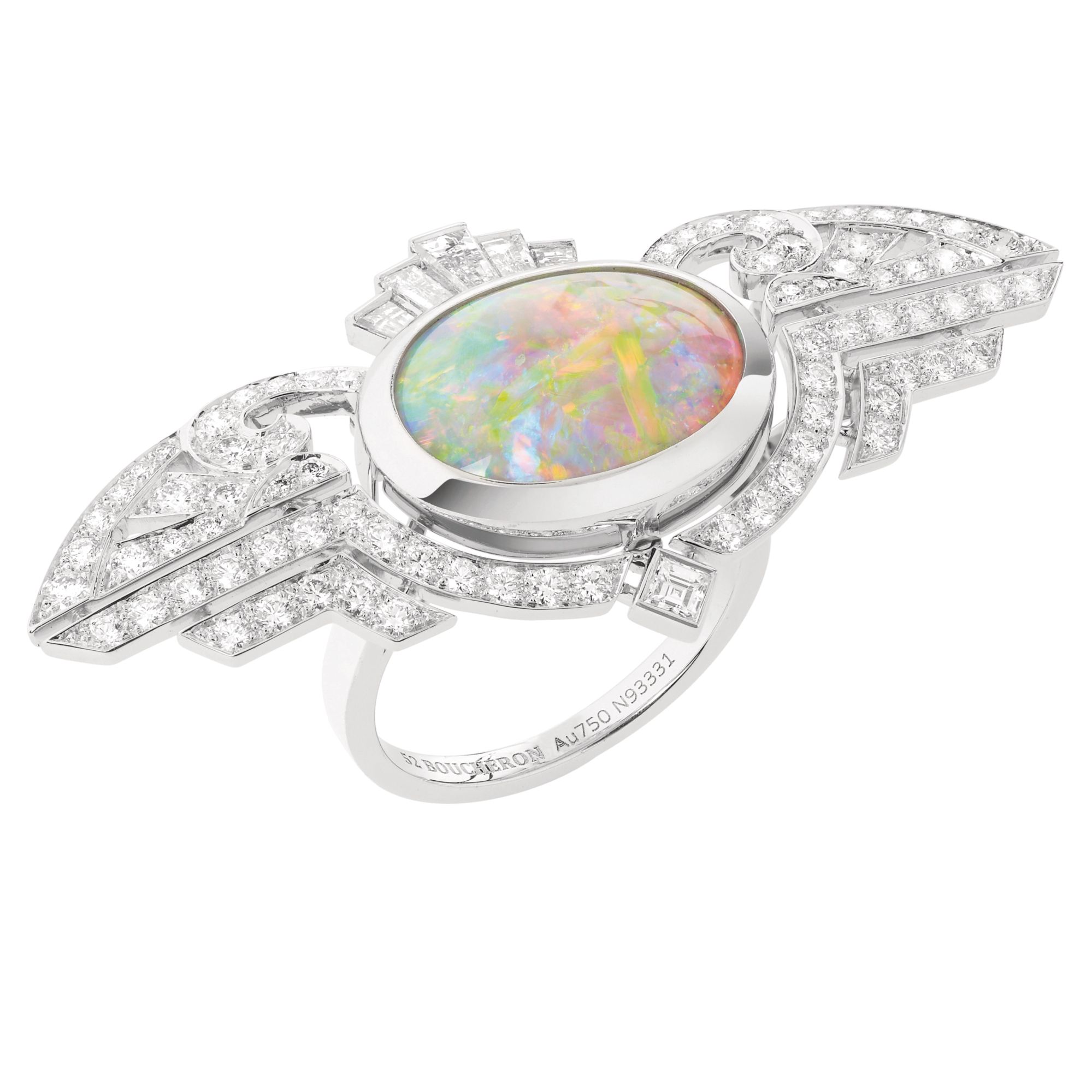 Indian Palace ring in white gold set with a white opal and diamonds by Boucheron