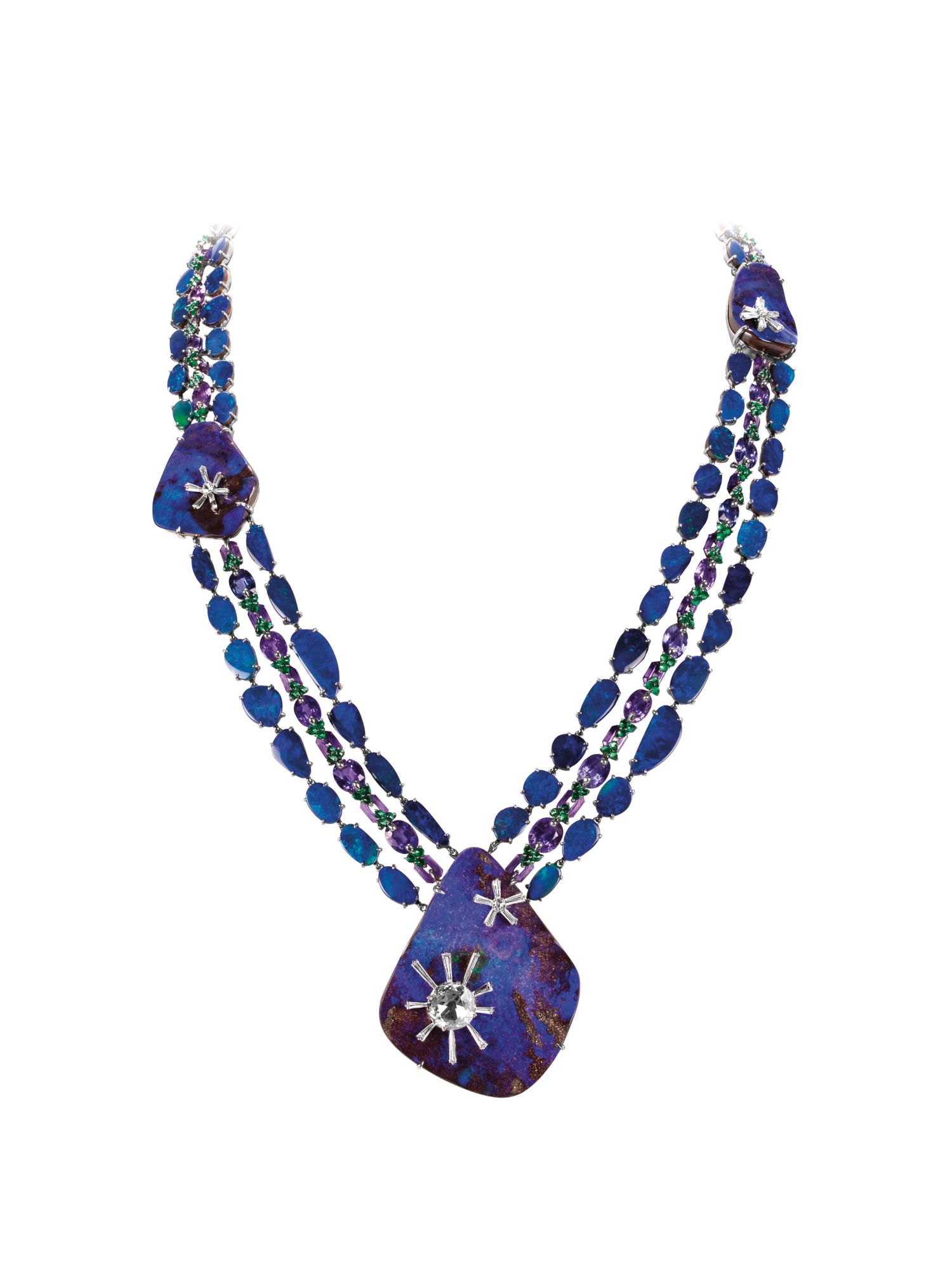 Necklace in white gold set with opal, purple sapphires and amethysts by Boghossian
