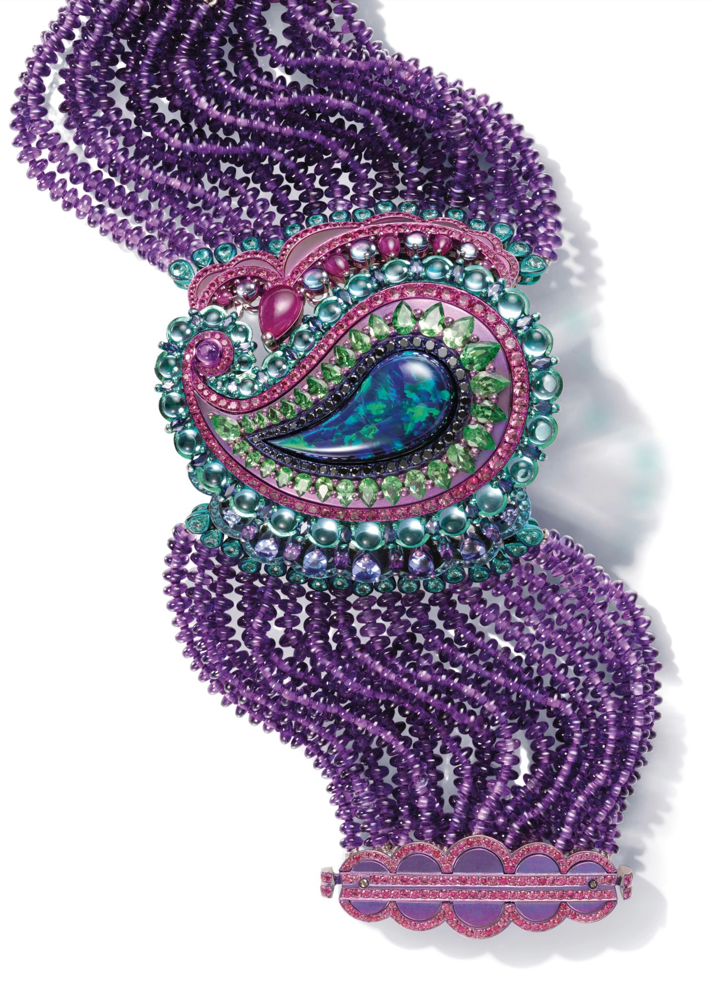 Red Carpet bracelet in white gold and titanium set with a black opal, amethyst beads, topazes, rubies, tanzanites, purple sapphires, red and pink spinels and Paraiba tourmalines by Chopard (Photo: Armin Zogbaum)