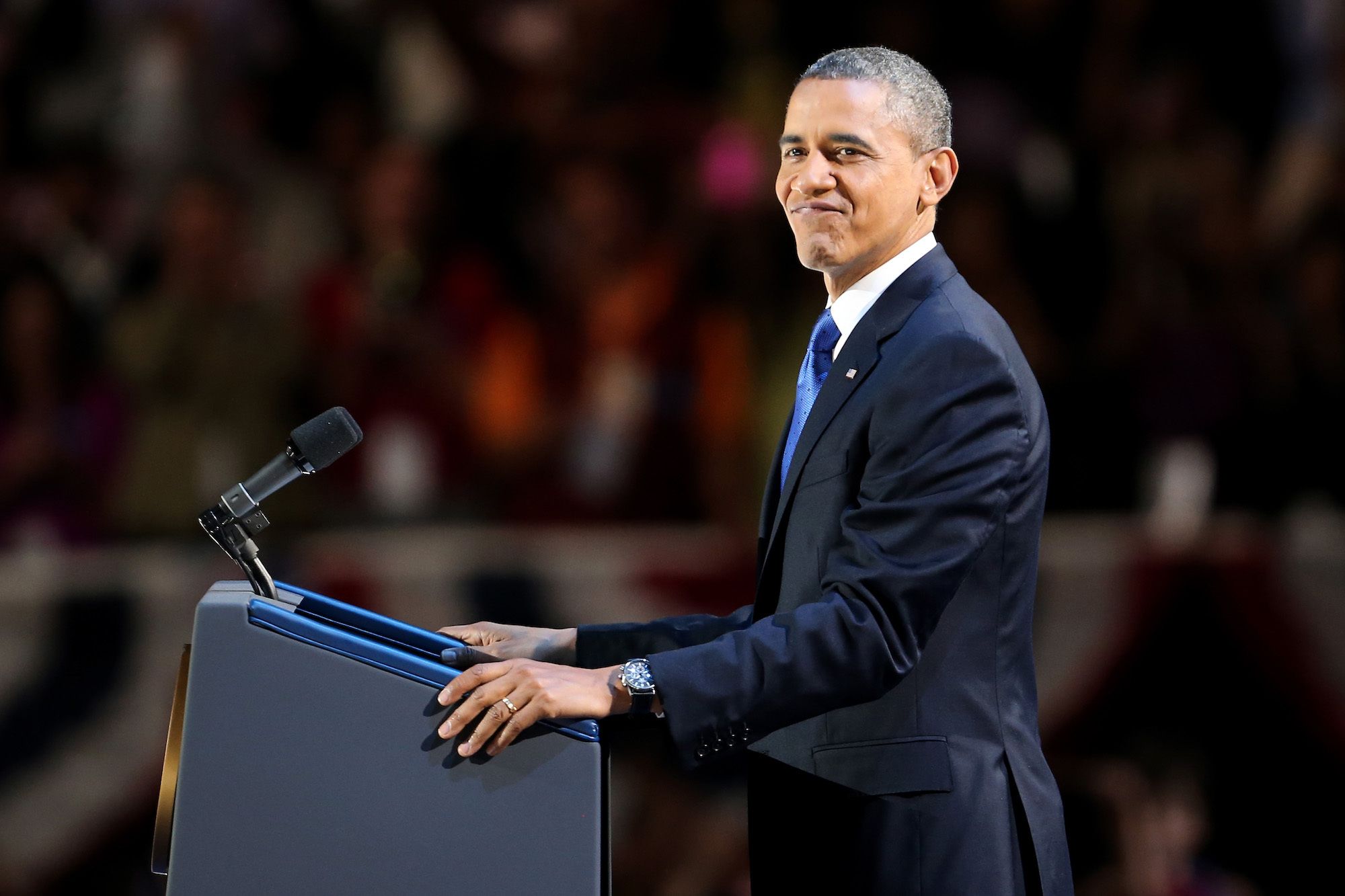 U.S. President Barack Obama delivers his victory speech after being reelected for a second term at McCormick Place November 6, 2012 in Chicago, Illinois. Obama won reelection against Republican candidate, former Massachusetts Governor Mitt Romney.