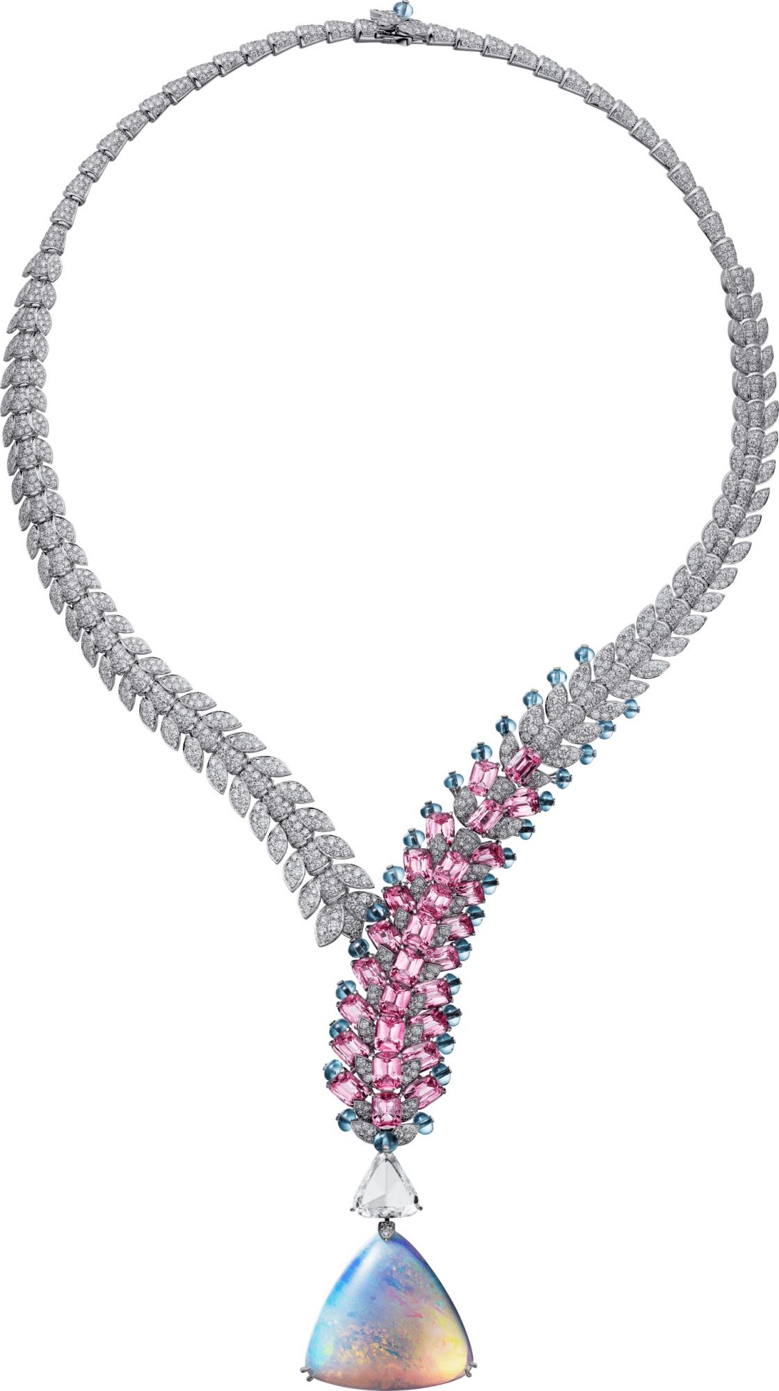 Necklace - white gold, one 32.82-carat cabochon-cut light opal from Brazil, one 4.07-carat G modified pear-shaped rose-cut diamond, rectangular-shaped pink spinels, green tourmaline beads, brilliant-cut diamonds.