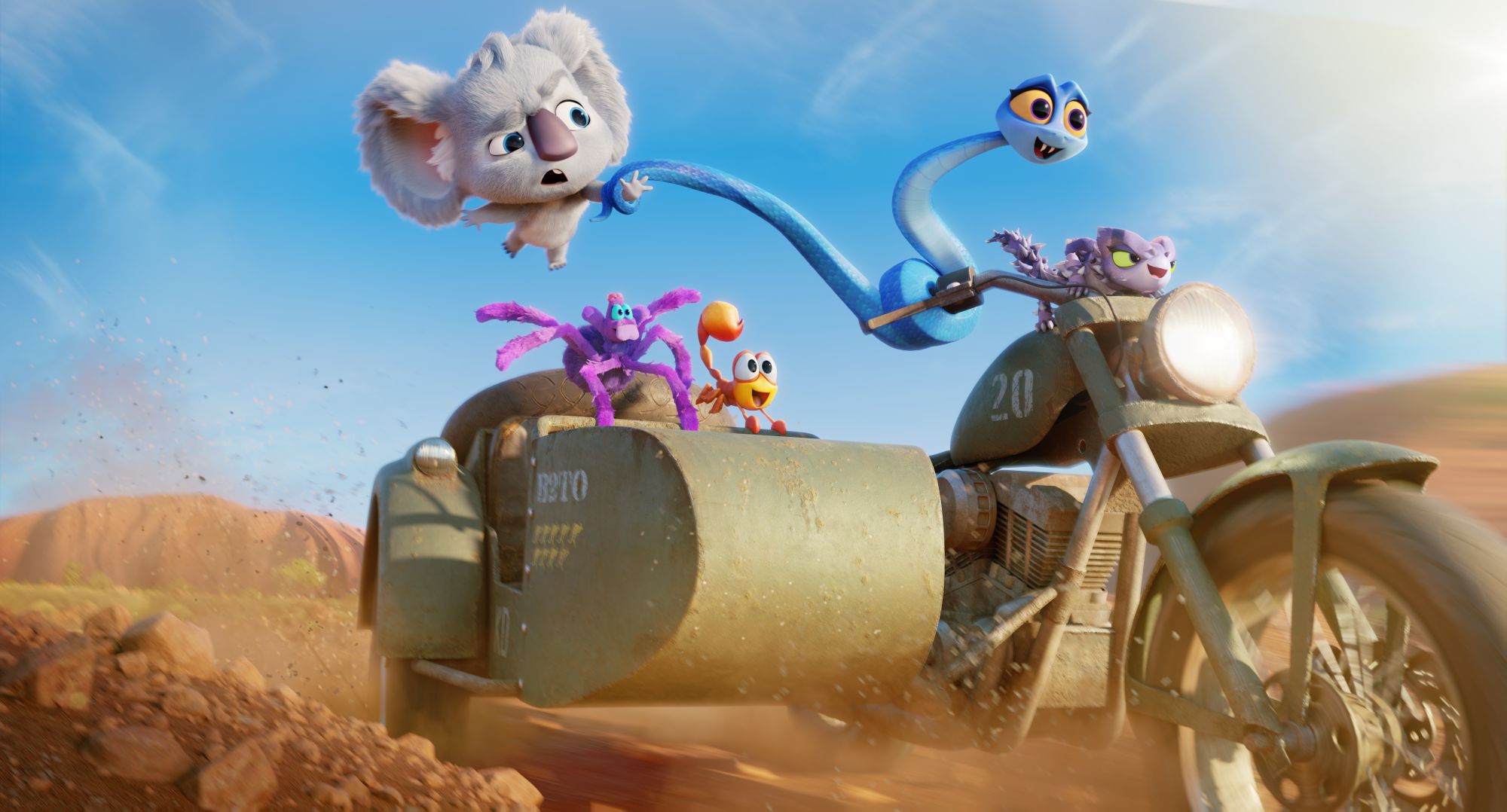 BACK TO THE OUTBACK - (L-R Top Row) Tim Minchin as Pretty Boy, Isla Fisher as Maddie, and Miranda Tapsell as Zoe (L-R Bottom Row) Guy Pearce as Frank and Angus Imrie as Nigel. NETFLIX © 2021