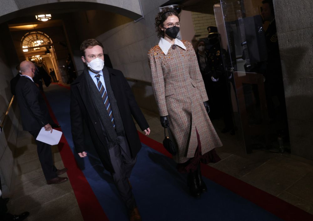 Ella Emhoff wears a Miu Miu embellished coat and a Batsheva dress to the inauguration (photo: Win McNamee/Getty Images)
