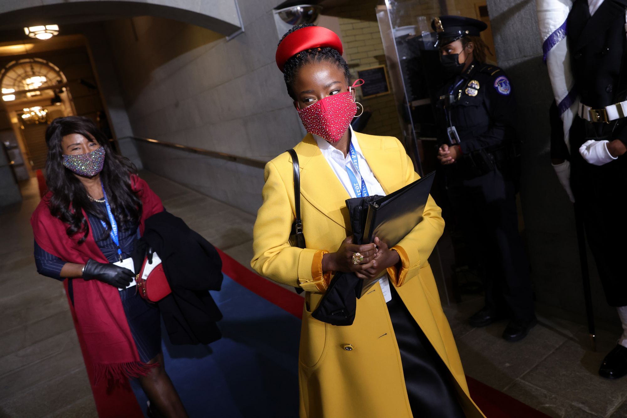 WASHINGTON, DC - JANUARY 20: National youth poet laureate Amanda Gorman arrives at the inauguration of U.S. President-elect Joe Biden on the West Front of the U.S. Capitol on January 20, 2021 in Washington, DC. During today's inauguration ceremony Joe Biden becomes the 46th president of the United States. (Photo by Win McNamee/Getty Images)
