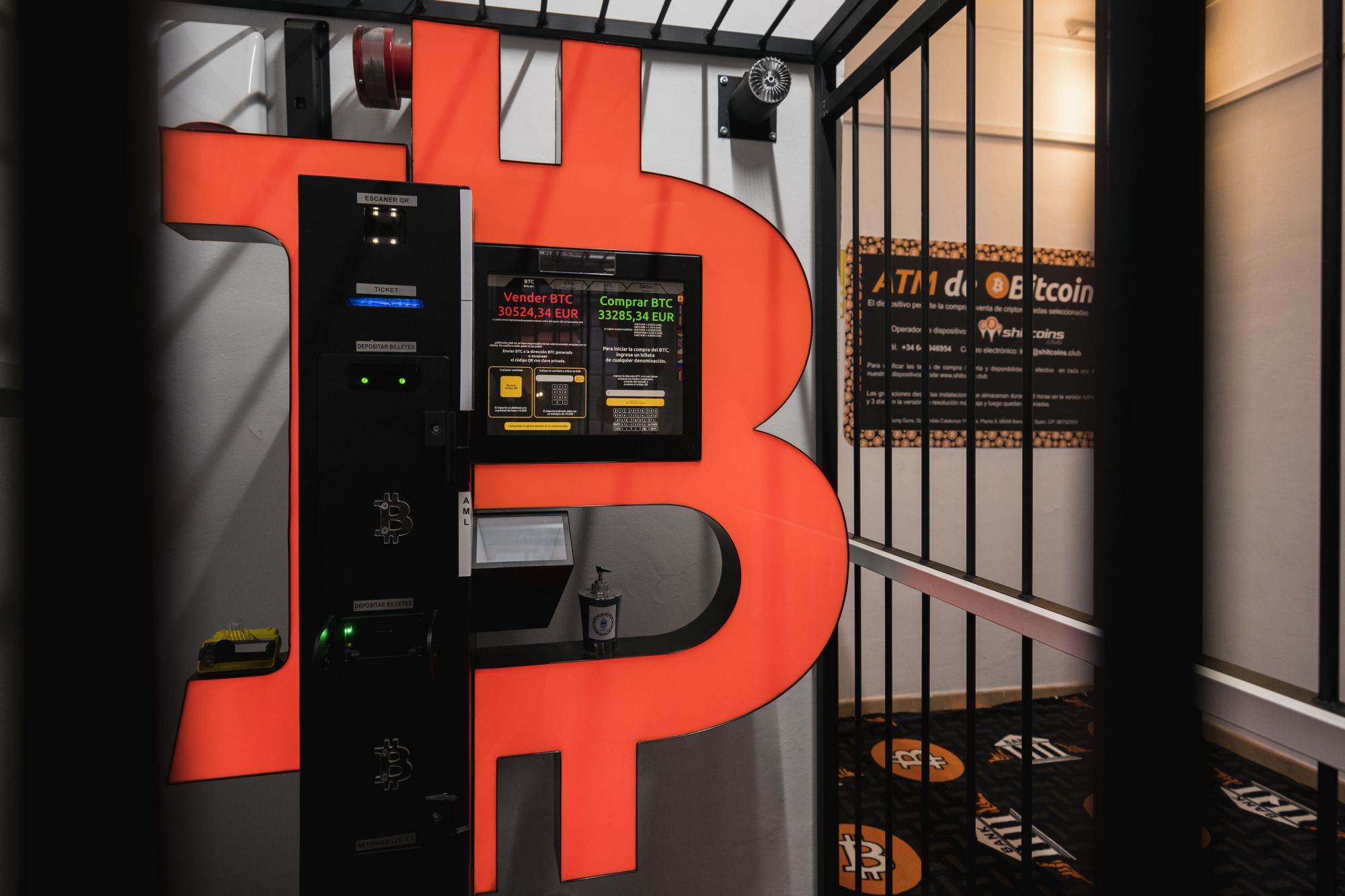 BARCELONA, SPAIN - JANUARY 29: A Bitcoin ATM machine, to buy or sell cryptocurrencies, is placed within a safety cage on January 29, 2021 in Barcelona, Spain. The European Union Agency for Law Enforcement Cooperation (Europol) and local law enforcement busted an allegedly fraudulent scam posing as a firm that specialized in cryptocurrency and foreign exchange investment training out of Andorra. (Photo by Cesc Maymo/Getty Images)