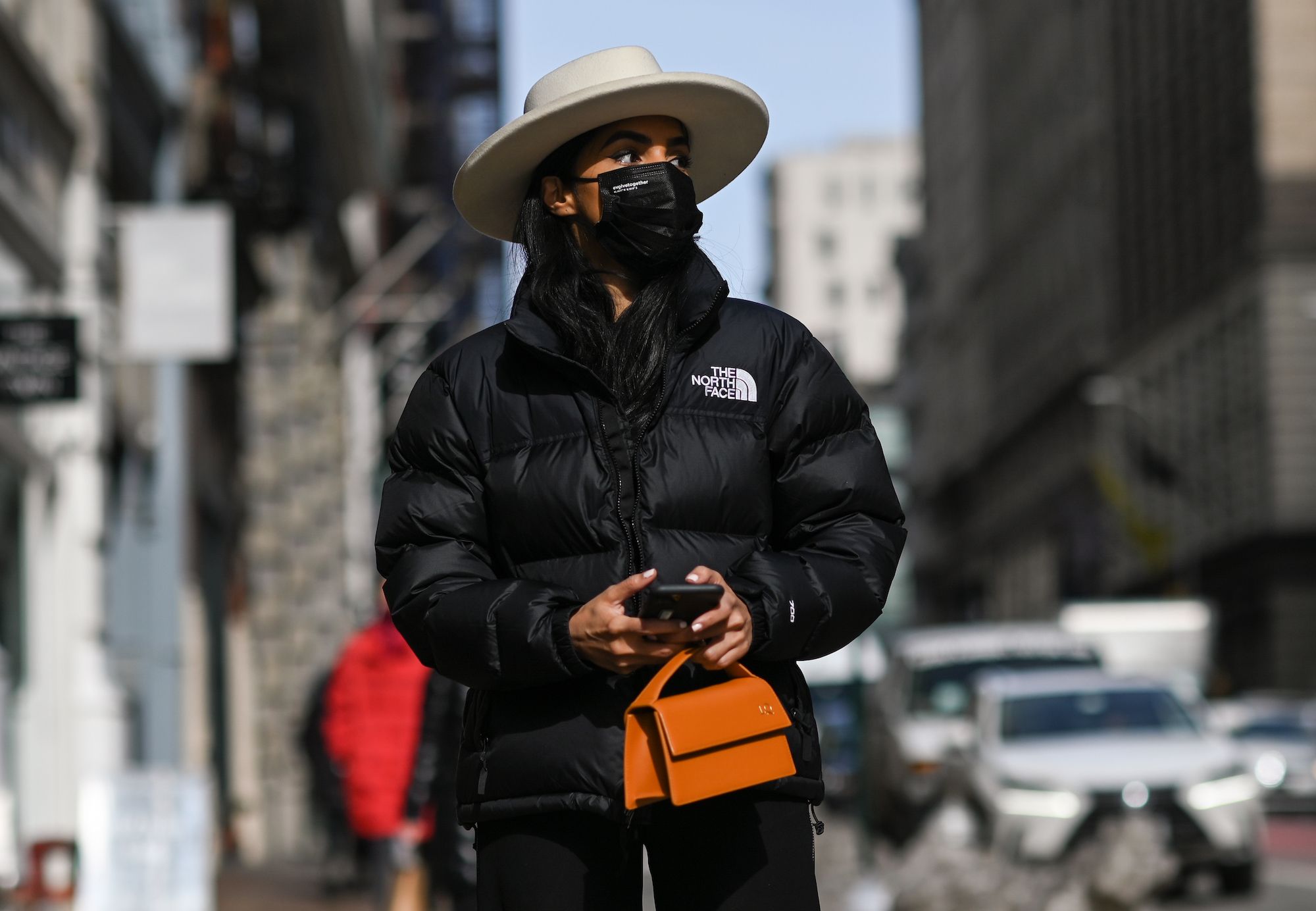 NEW YORK, NEW YORK - FEBRUARY 17: Lali is seen wearing a North Face coat, Lack of Color hat, Tory Burch pants with a purse during New York Fashion Week F/W21 on February 17, 2021 in New York City. (Photo by Daniel Zuchnik/Getty Images)