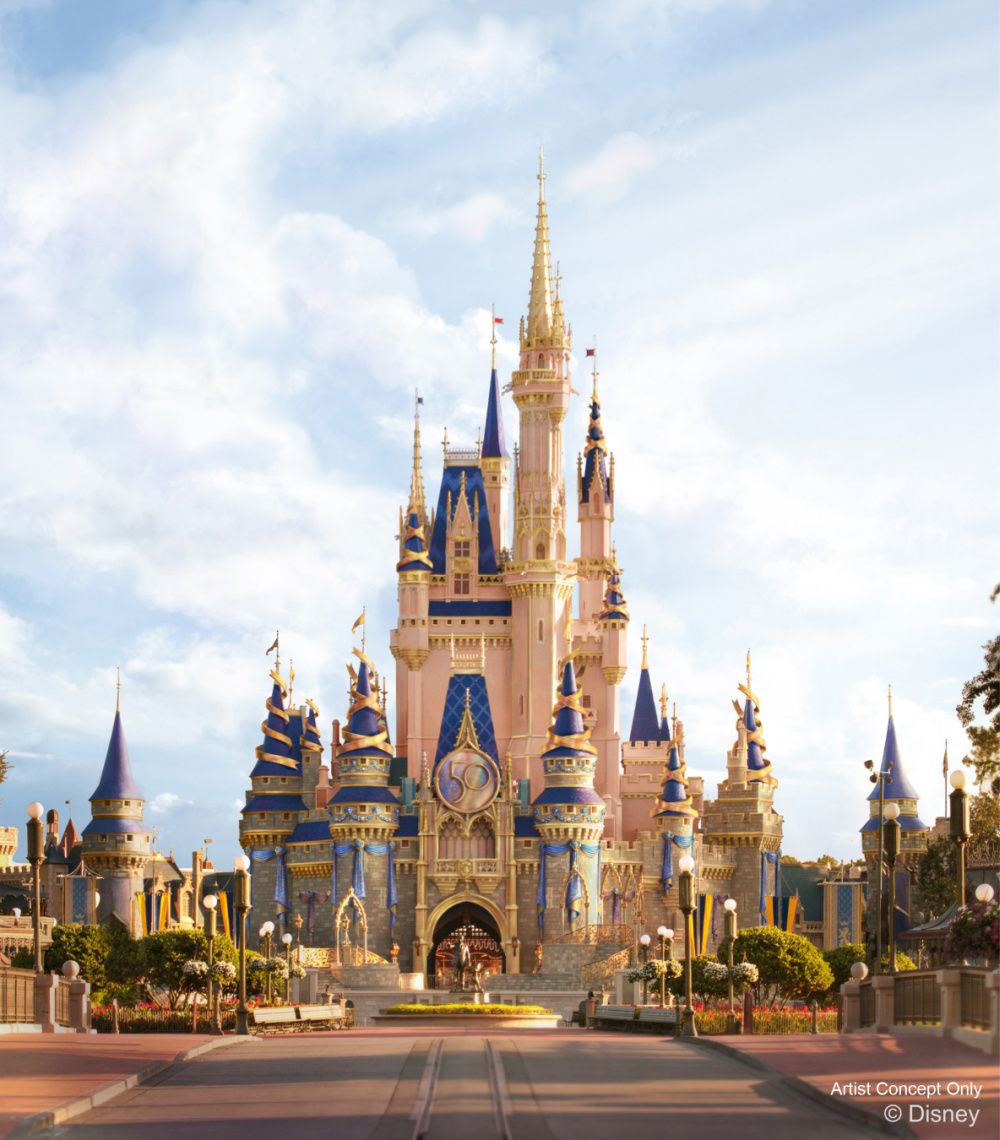 In this artist rendering, Cinderella Castle shines with new golden and EARidescent décor at Magic Kingdom Park (photo: Courtesy Disney)