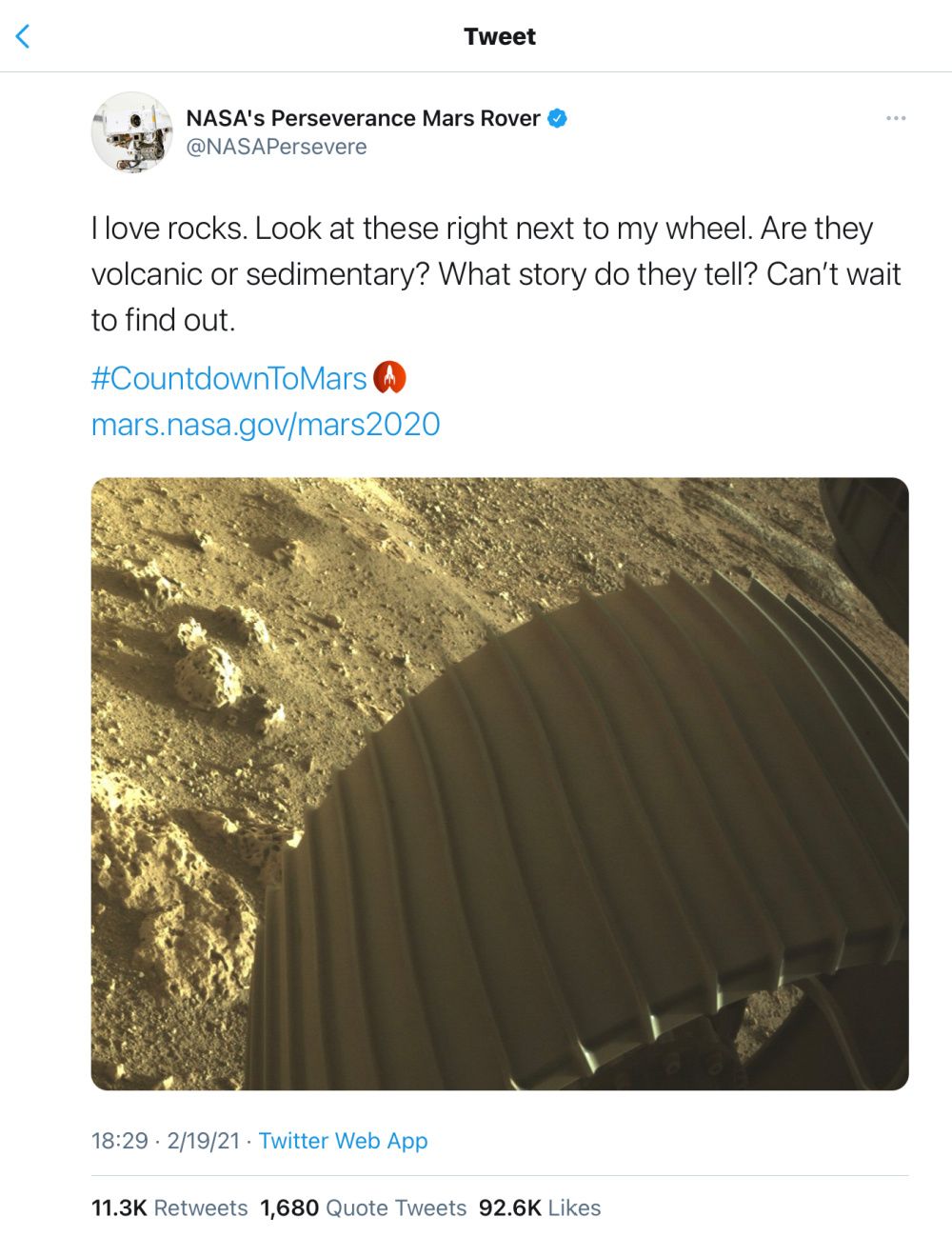 NASA's Perseverance Mars rover has a robust social media feed (photo: Twitter)