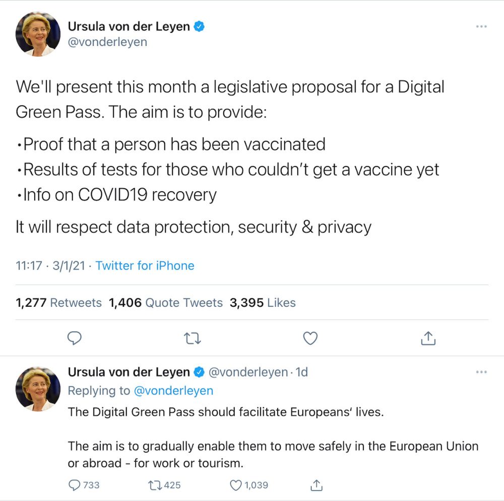 The EU is planning vaccine passports to facilitate travel and a return to normal life (photo: Twitter)