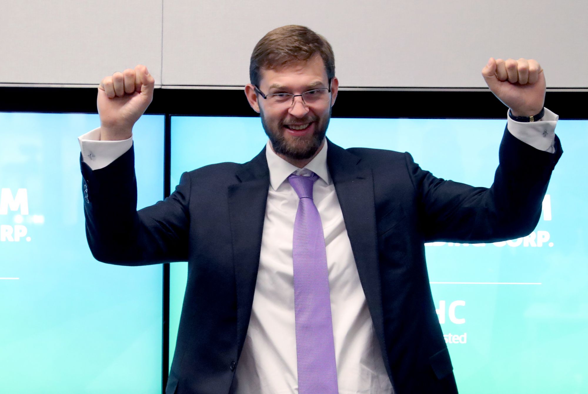 NEW YORK CITY, UNITED STATES - OCTOBER 15, 2015: Freedom Holding Corporation's chairman and CEO Timur Turlov visits the Nasdaq stock exchange as the shares of Freedom Holding Corporation begin trading at the Nasdaq Stock Market; Freedom Holding Corporation is a retail brokerage and investment bank registered in the United States with operating subsidiaries in Russia (under the brand of Freedom Finance), Eastern Europe and Central Asia. Alexander Ryumin/TASS (Photo by Alexander Ryumin\TASS via Getty Images)