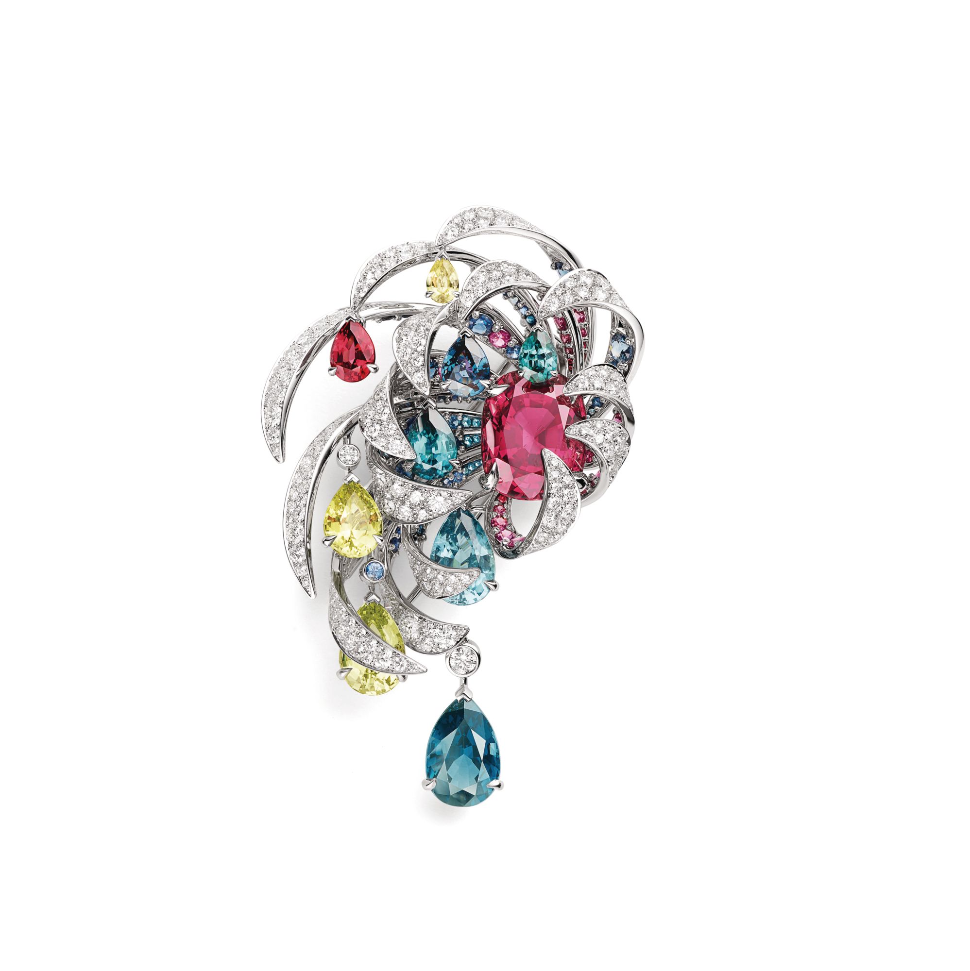 Soleil de Minuit brooch in white gold set with spinels, chrysoberyls, tourmalines, sapphires, rhodolite garnets and diamonds by Chaumet