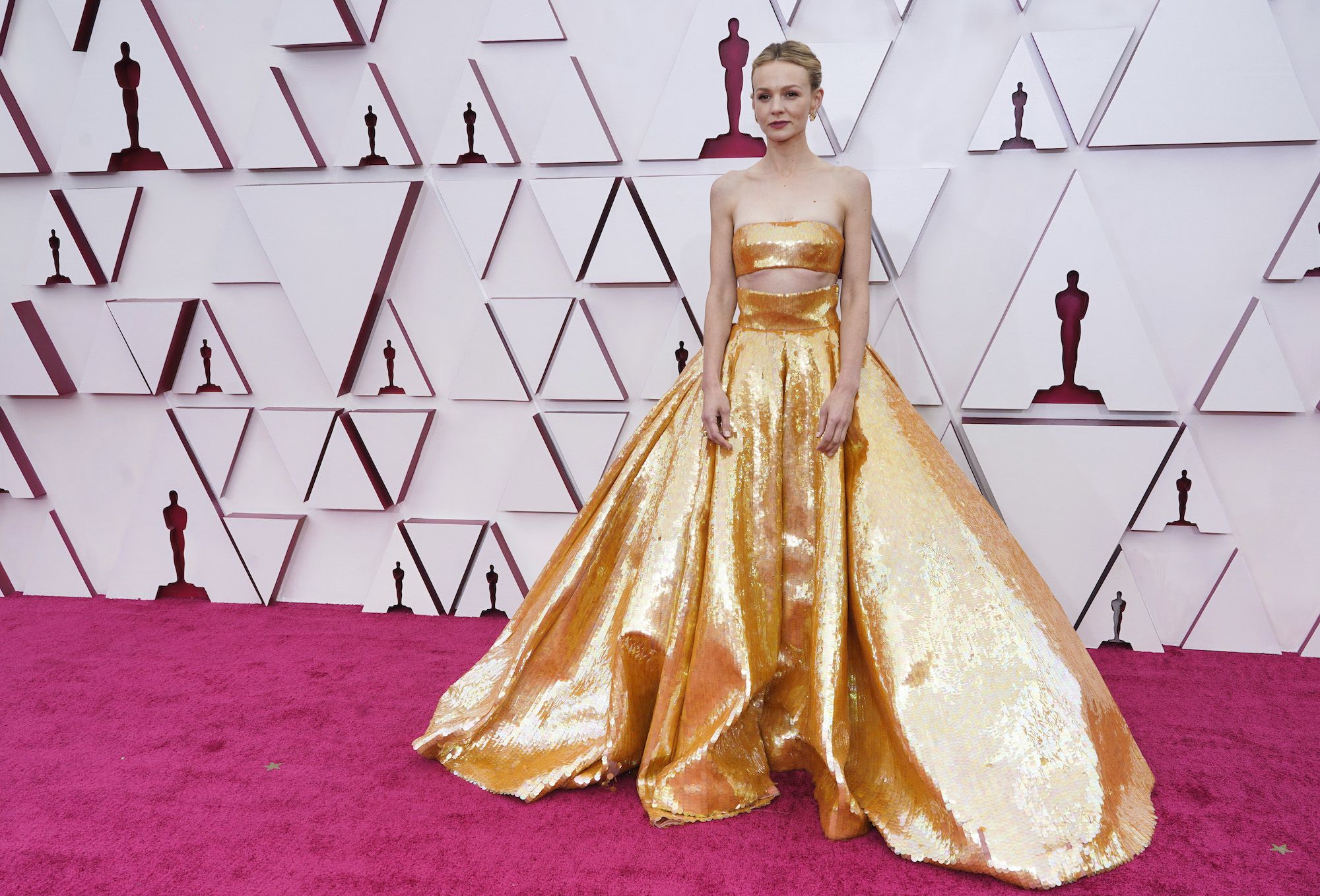 Carey Mulligan arrives at the Oscars on Sunday, April 25, 2021, at Union Station in Los Angeles. (AP Photo/Chris Pizzello, Pool)